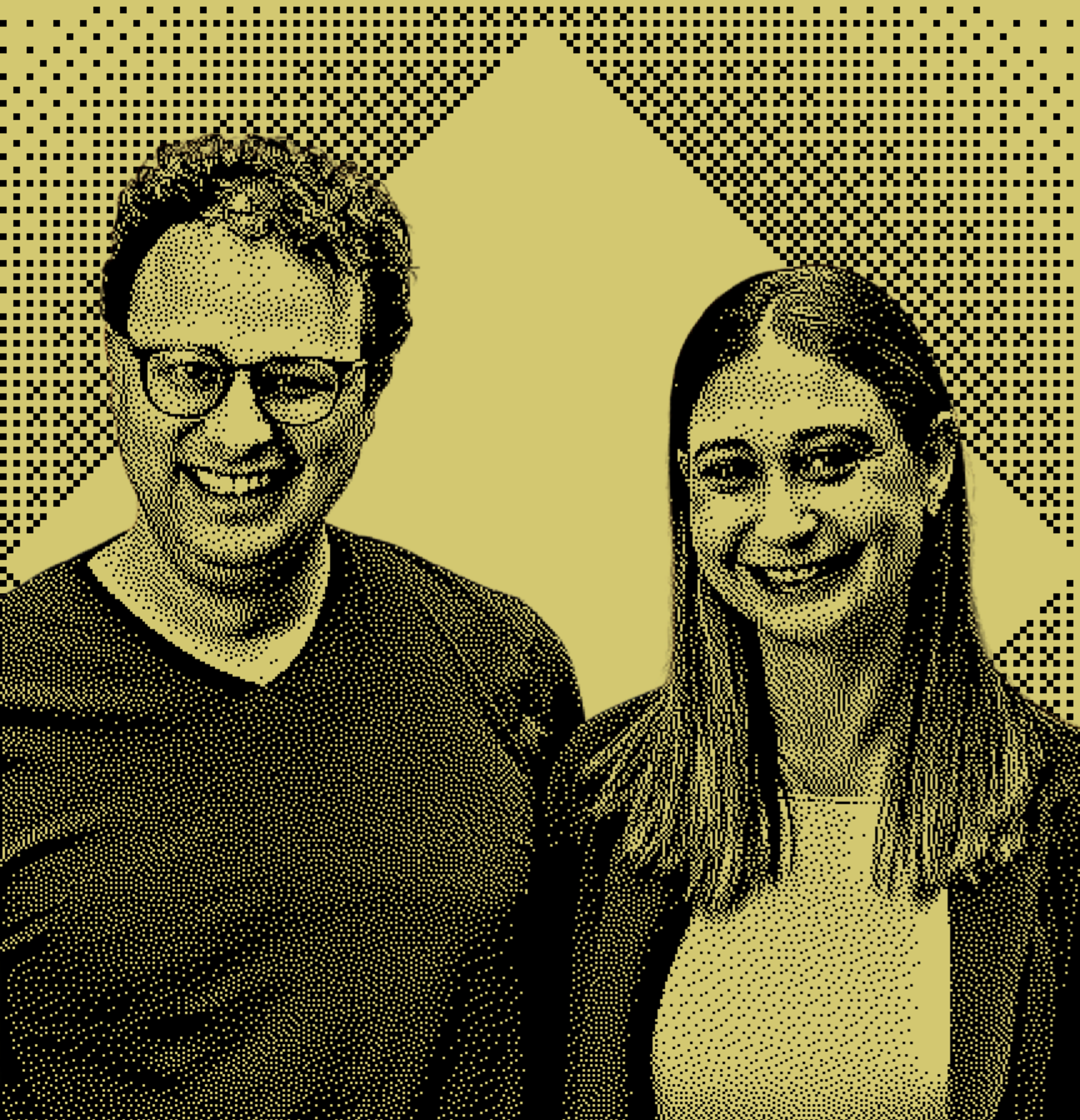 The image shows two people smiling, one wearing glasses and a dark shirt, and the other with long hair in a light top and dark jacket. The background is a textured yellow.