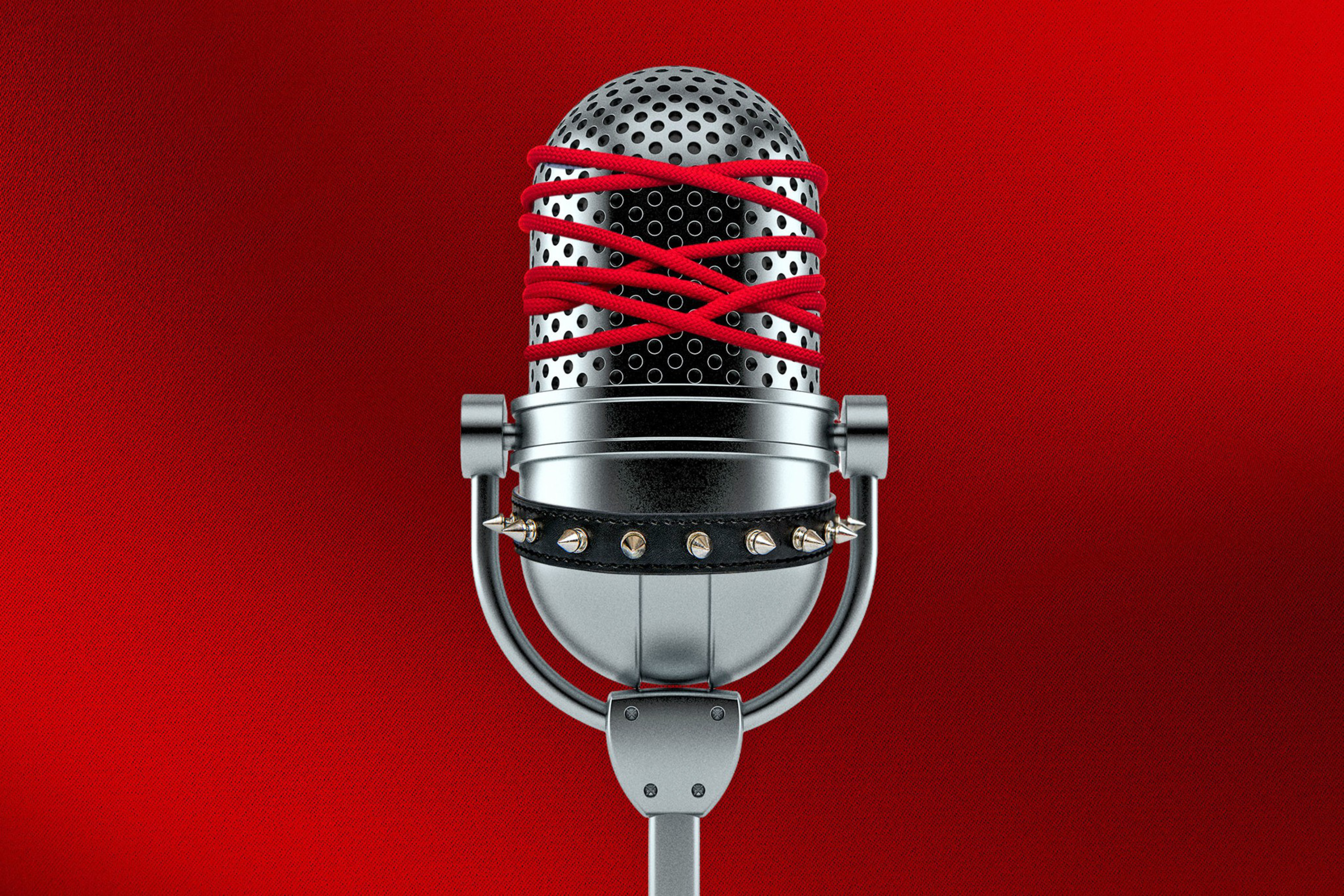 A photo illustration of a mic against a red background