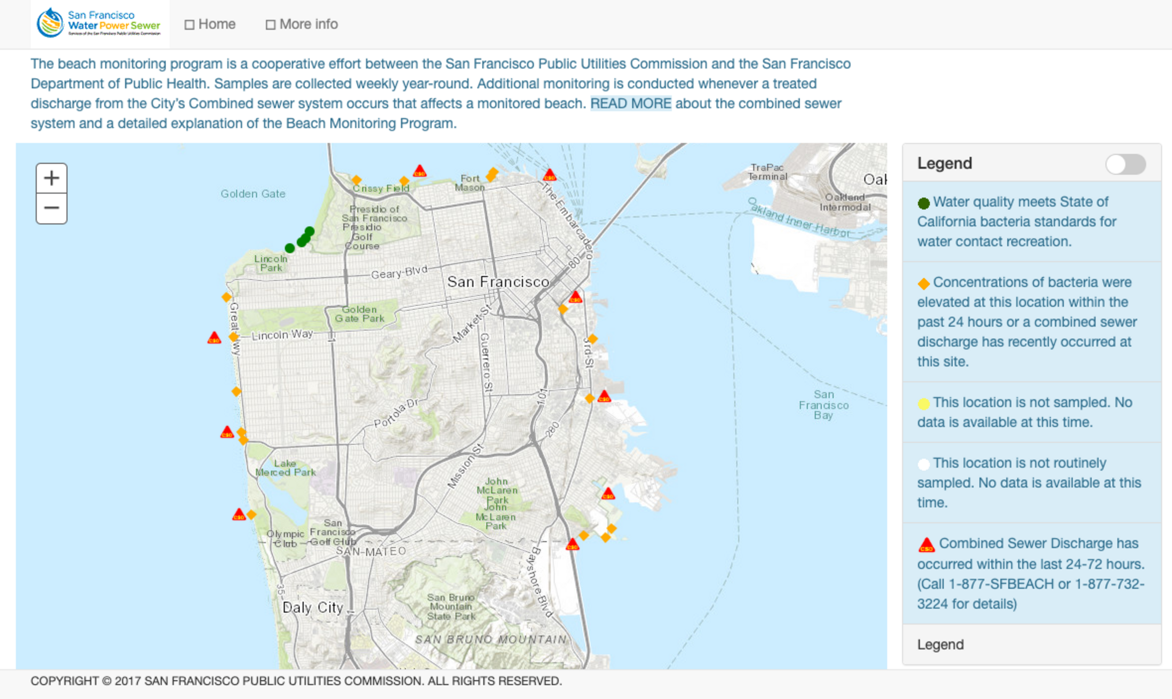 A map of San Francisco displays various monitoring points with symbols and colors indicating water quality. A legend explains the symbols' meanings.