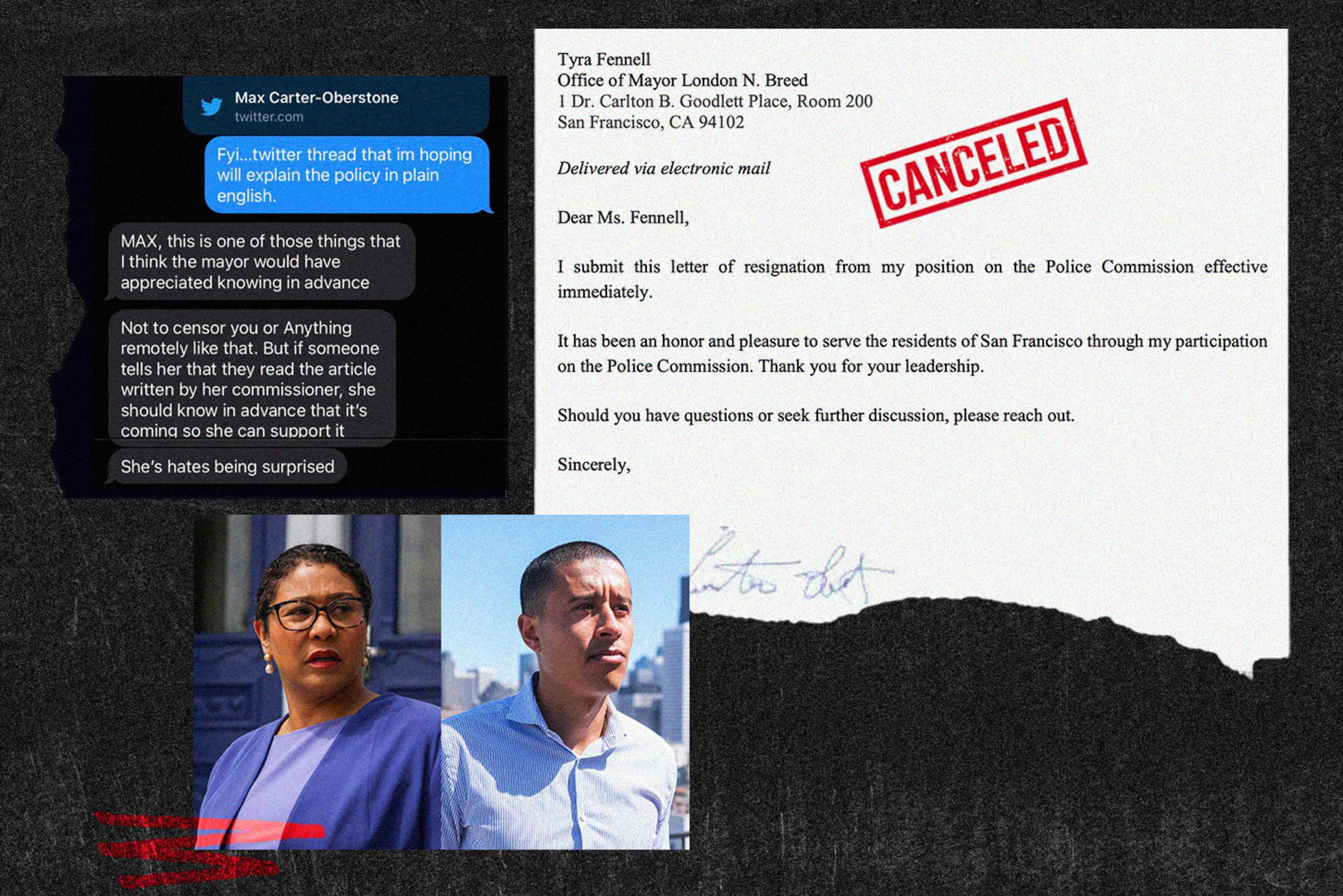 A resignation letter from Tyra Fennell to San Francisco's mayor, a Twitter conversation about policy transparency, and photos of two individuals.
