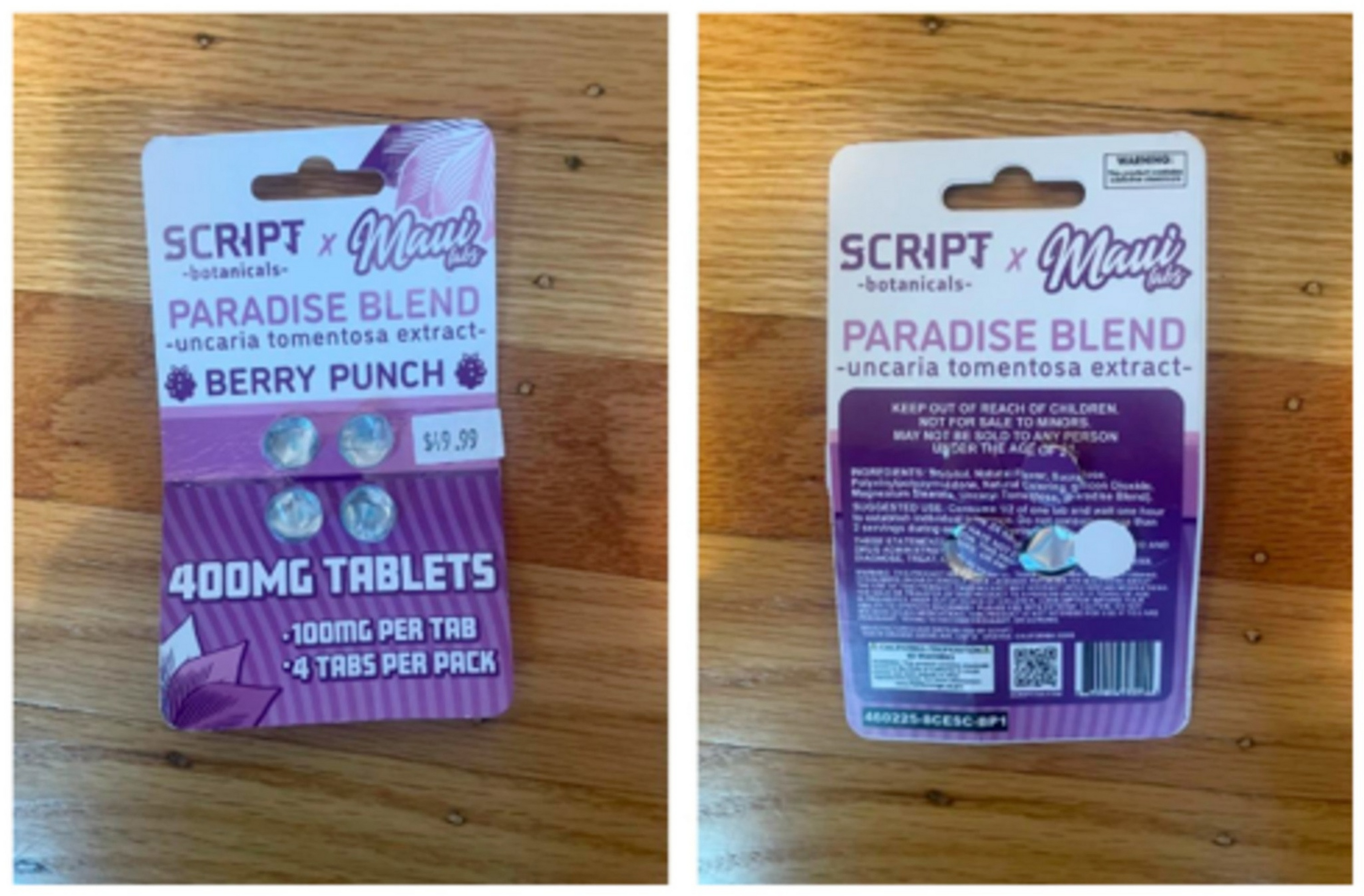 Script Botanicals x Maui Wowi Paradise Blend Berry Punch, 400mg total (100mg per tablet), four tablets per pack, priced at $19.99, with usage warnings on back.