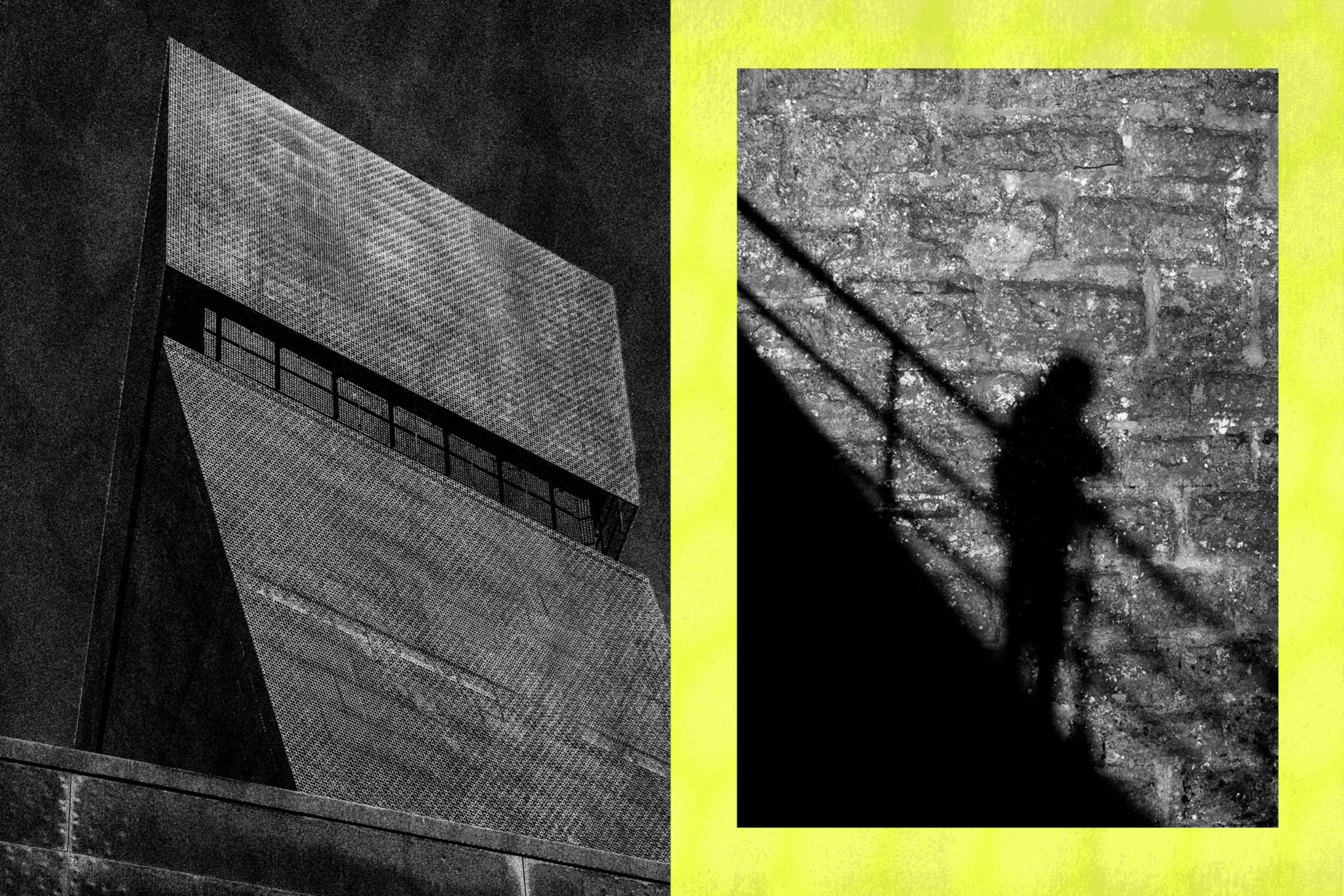 A towering, angular brick building is next to a black-and-white shadow of a person standing on stairs against a stone wall with diagonal railings.