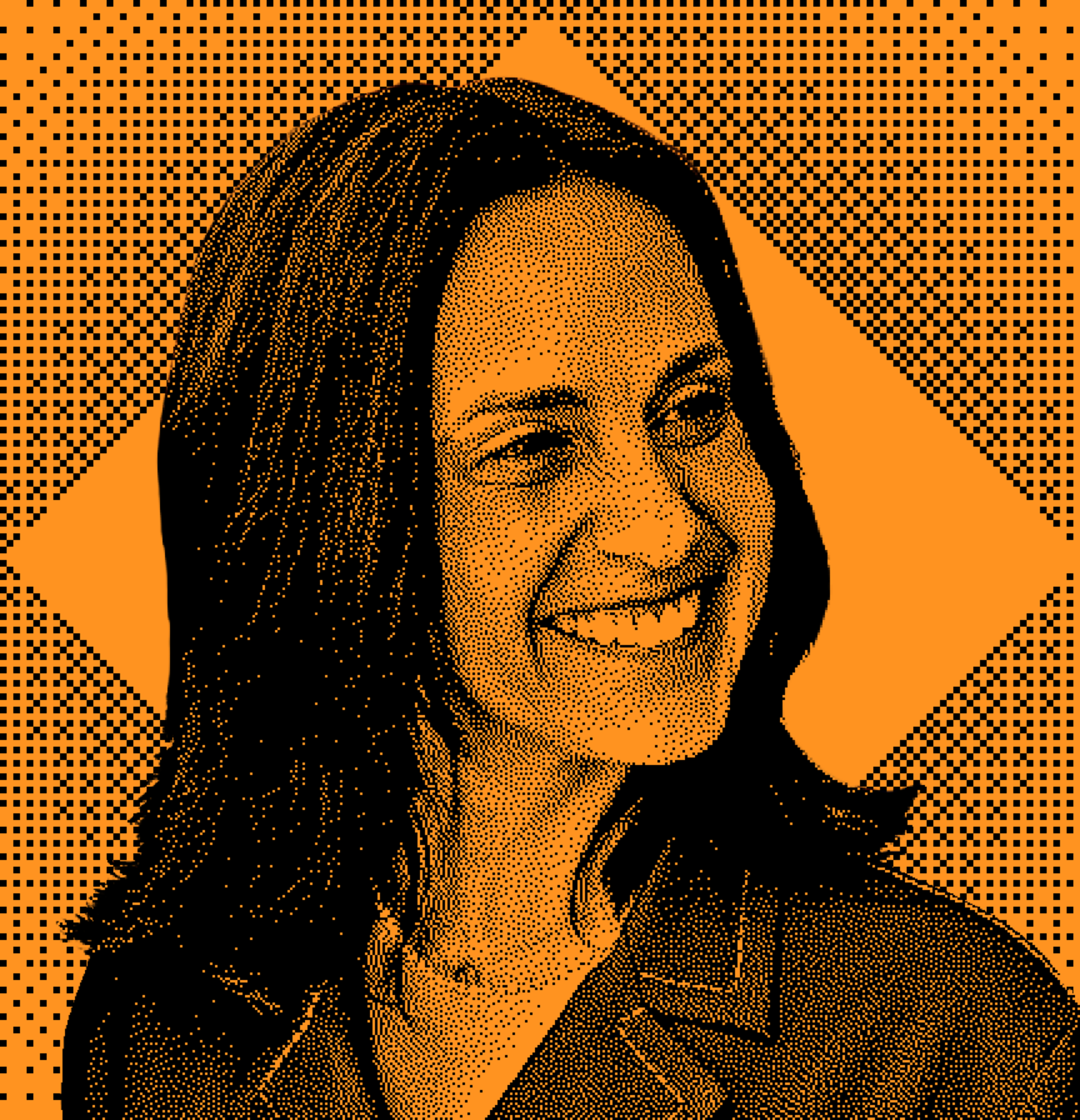 A smiling woman with shoulder-length hair in a dot-pattern effect on an orange background, featuring a diamond shape behind her.