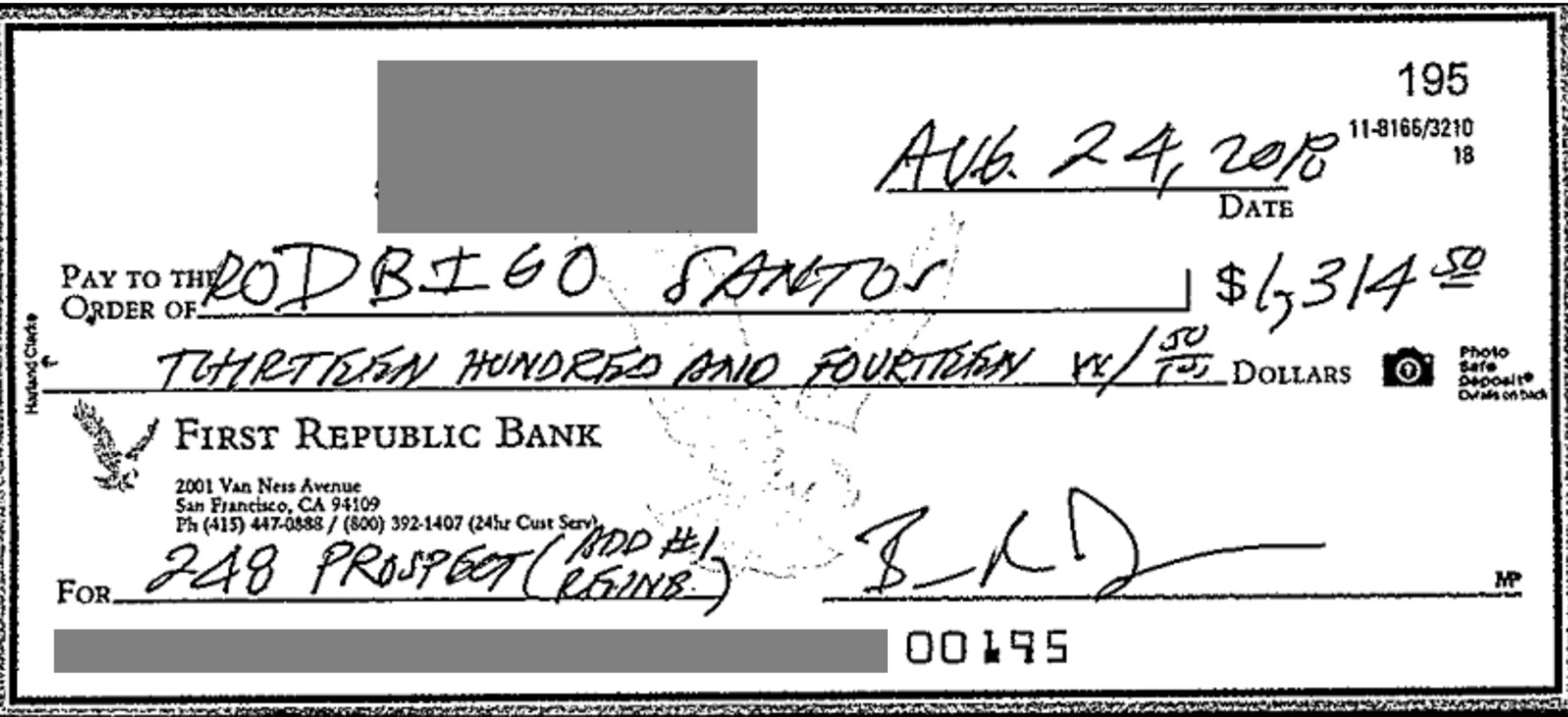 Check dated August 24, 2010, from First Republic Bank payable to Rodbigo Santos for $1,314.50, memo notes "248 Prospect Add #1 (Logging)."