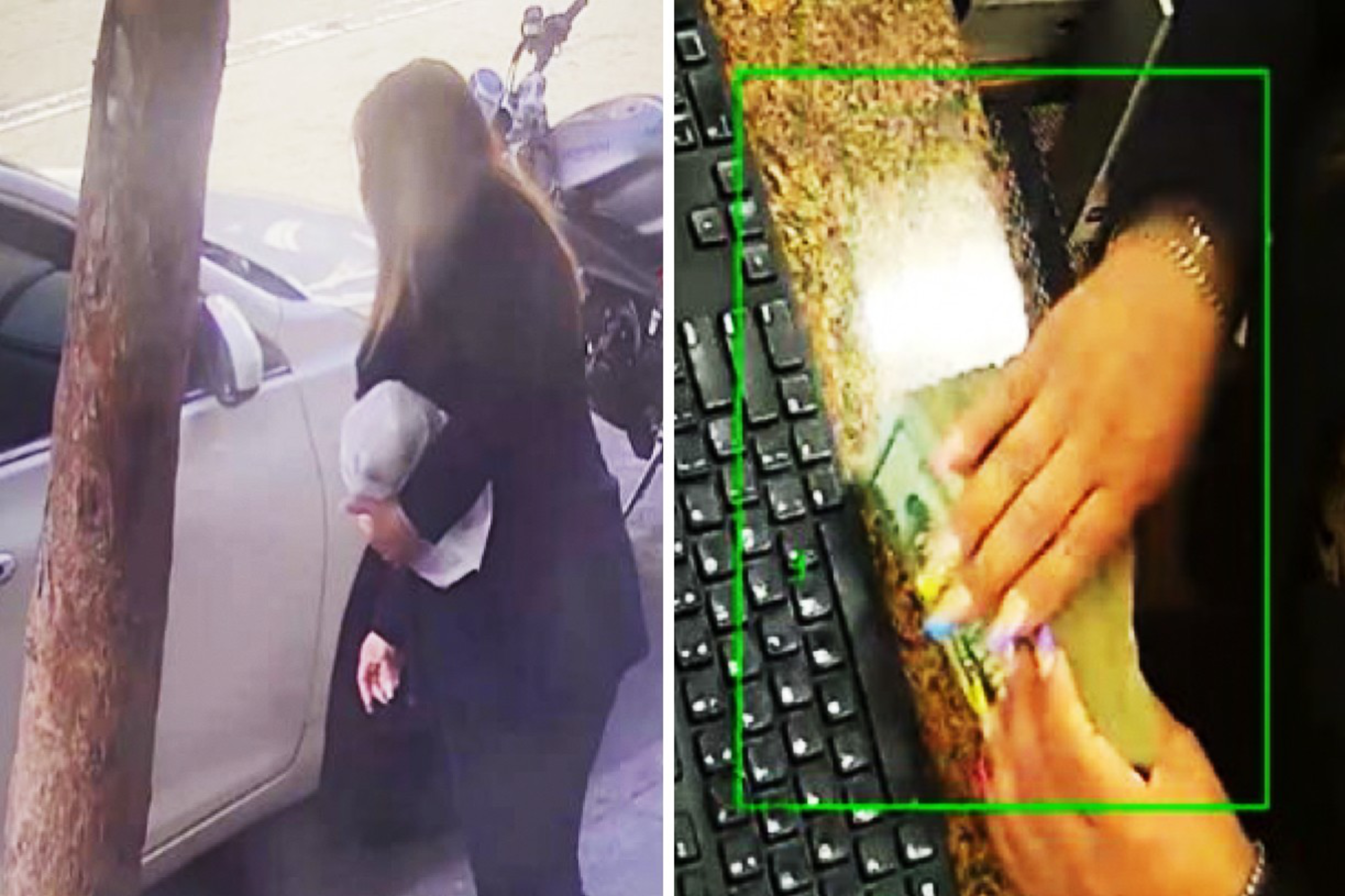 A person in dark clothing holding a baby near a white car and a close-up of hands counting money over a keyboard.