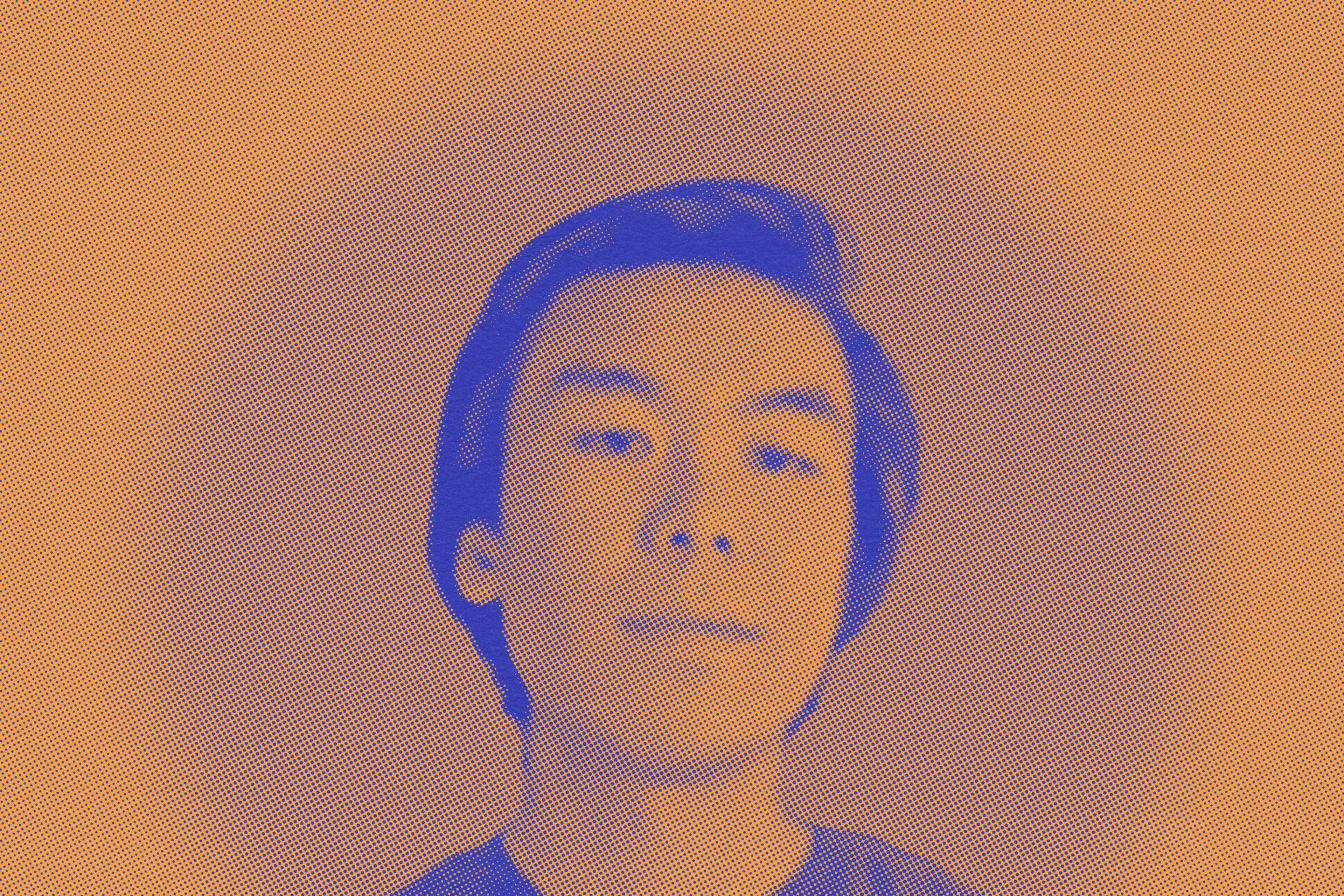 The image is a halftone portrait of a person with blue and orange tones, featuring their head and shoulders and a neutral expression.