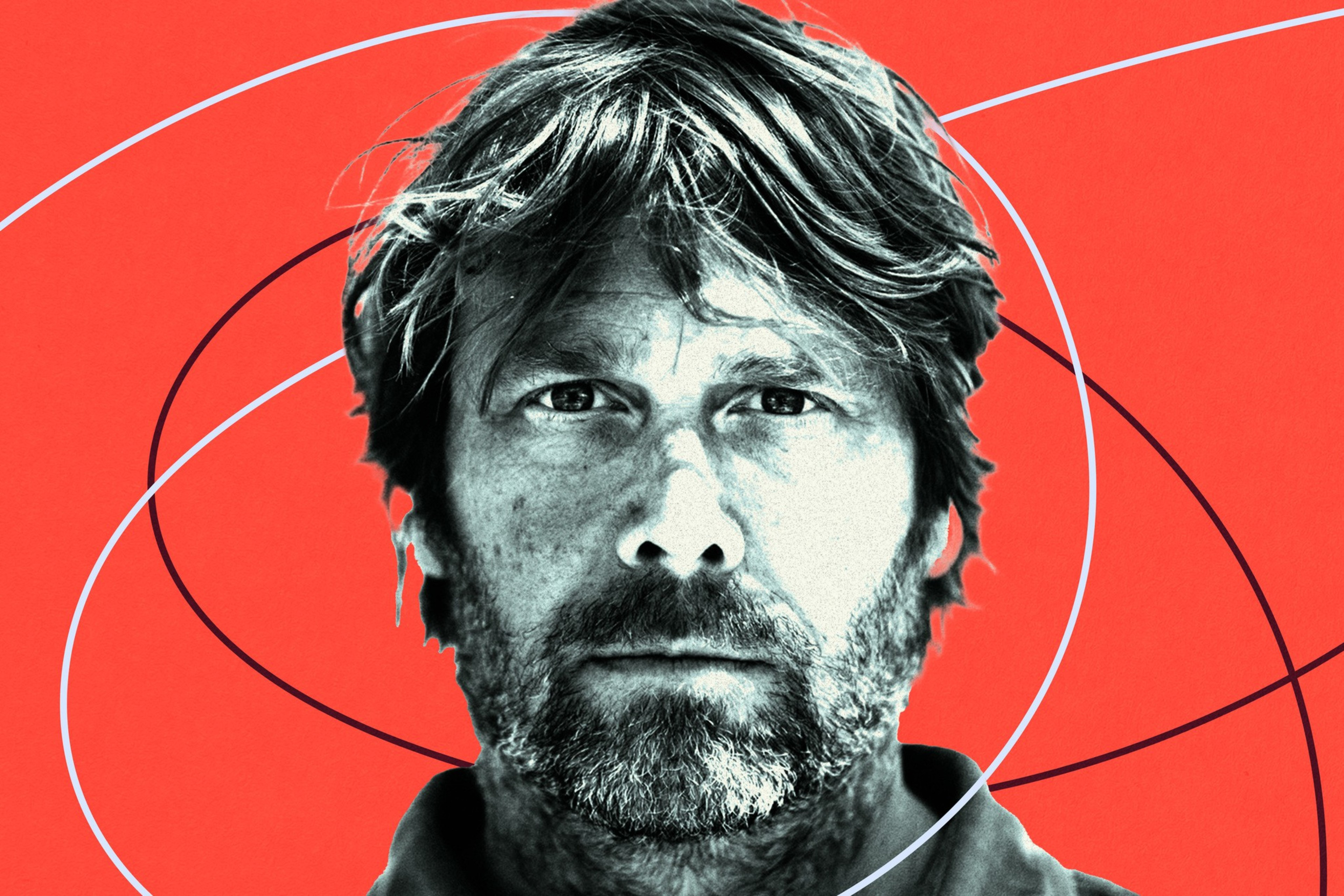 A man with tousled hair and a beard stares intensely forward against a vibrant red background with thin, curved white and black lines.