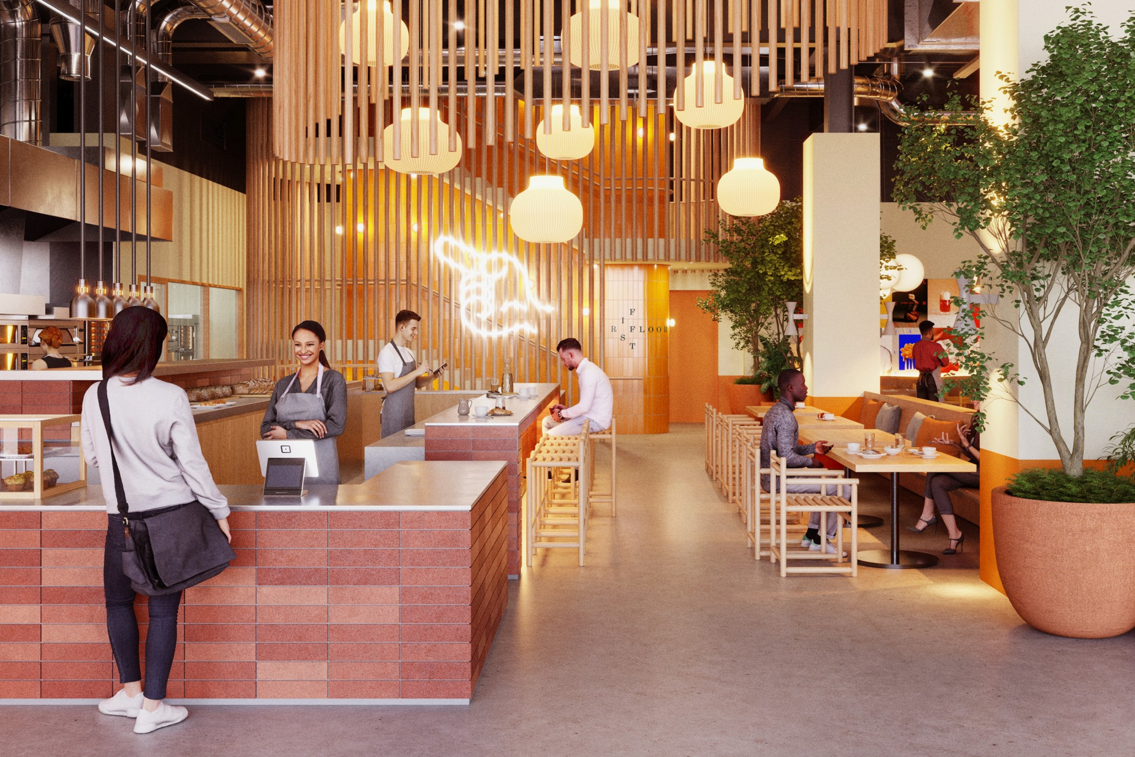 A modern cafe interior with patrons dining, a smiling barista, pendant lights, wood accents, and green plants.