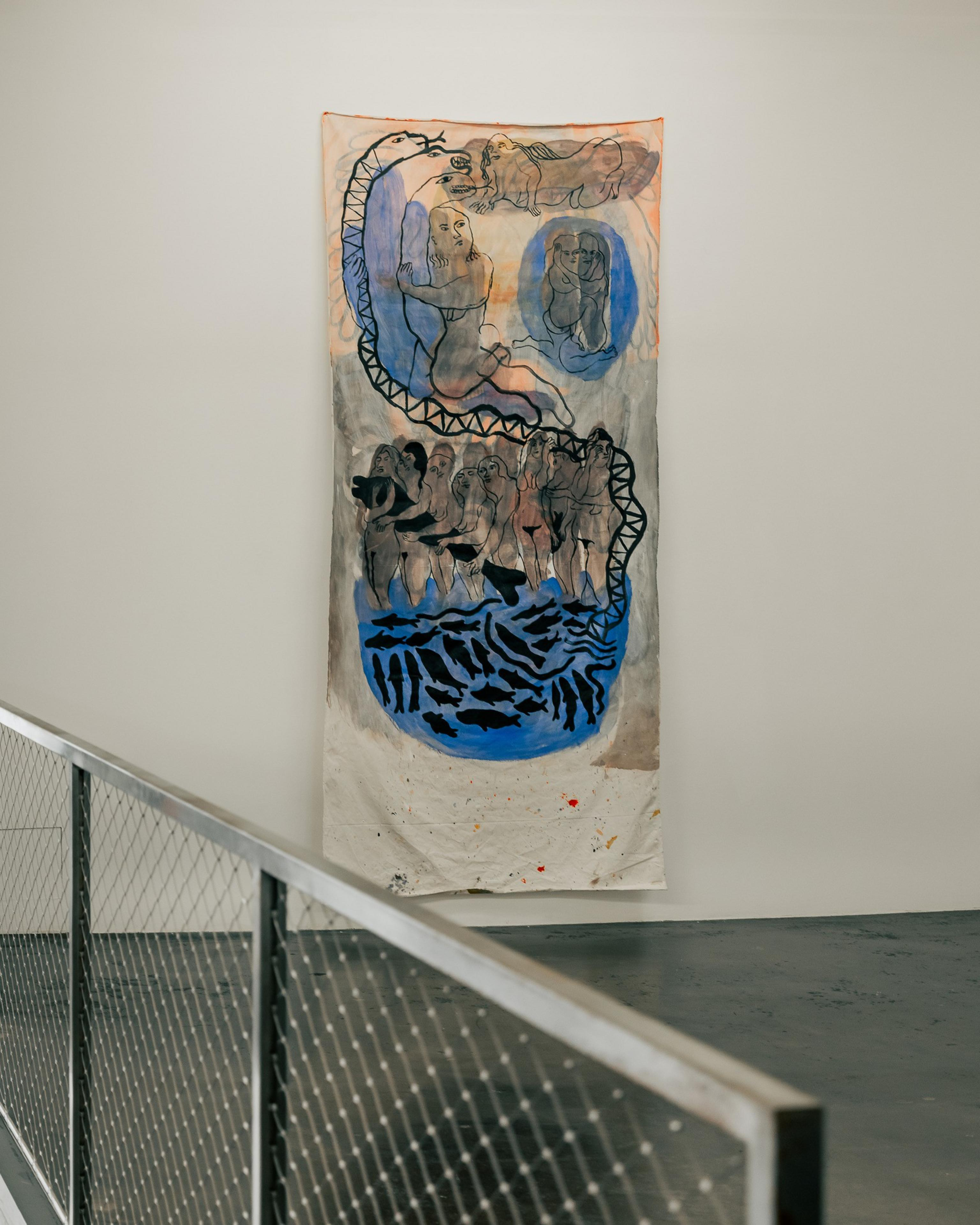 The image shows a tall, narrow painting with abstract figures and patterns, featuring a snake-like form and human shapes in blue and black, against a light background.