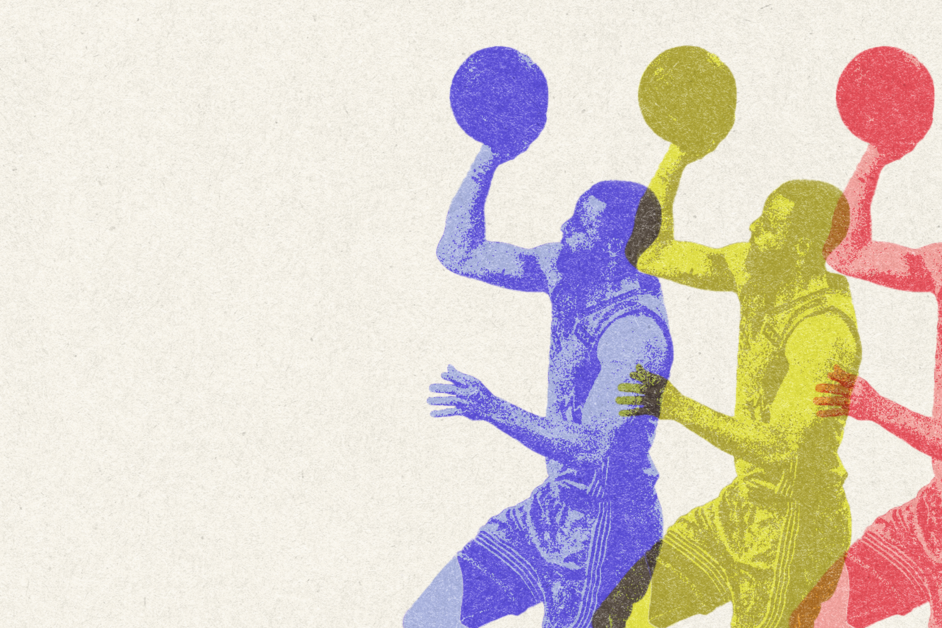 The image shows a stylized triple exposure of a basketball player in motion, capturing a layup. The images are colored blue, yellow, and red.