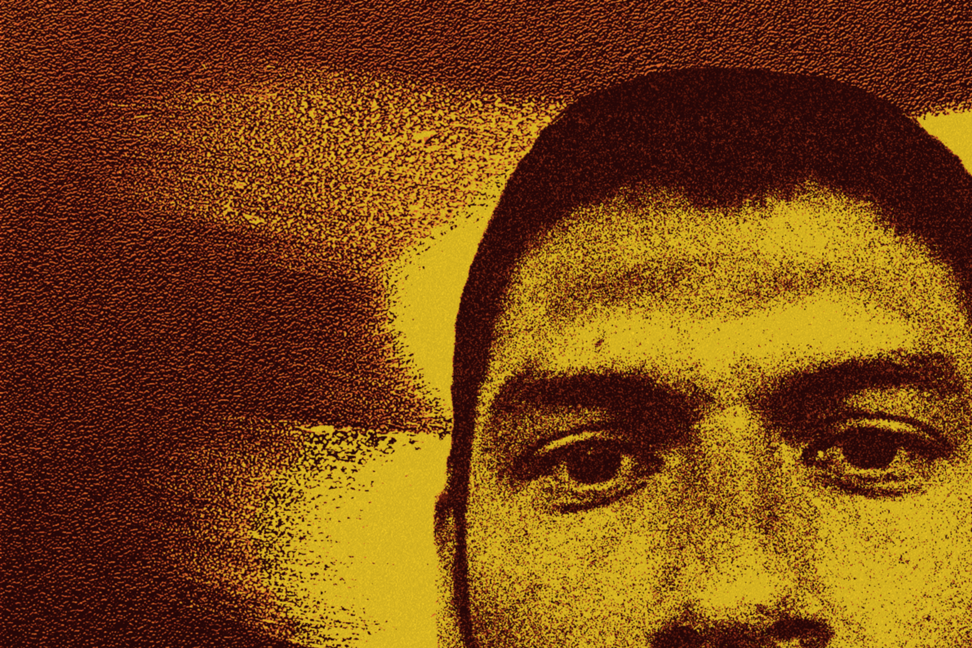 The image features a stylized portrait of a person with a serious expression, rendered in bold yellow and brown tones, giving it a textured, artistic effect.