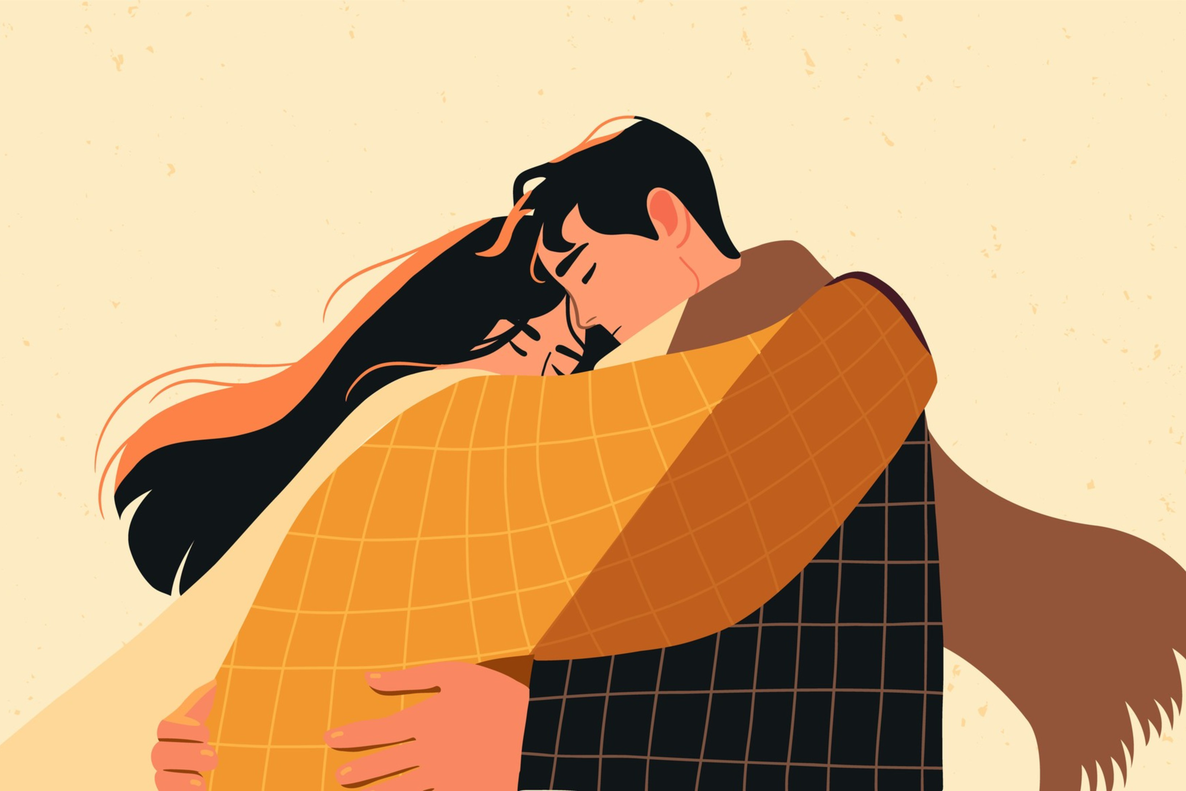 Grief couple hug together.