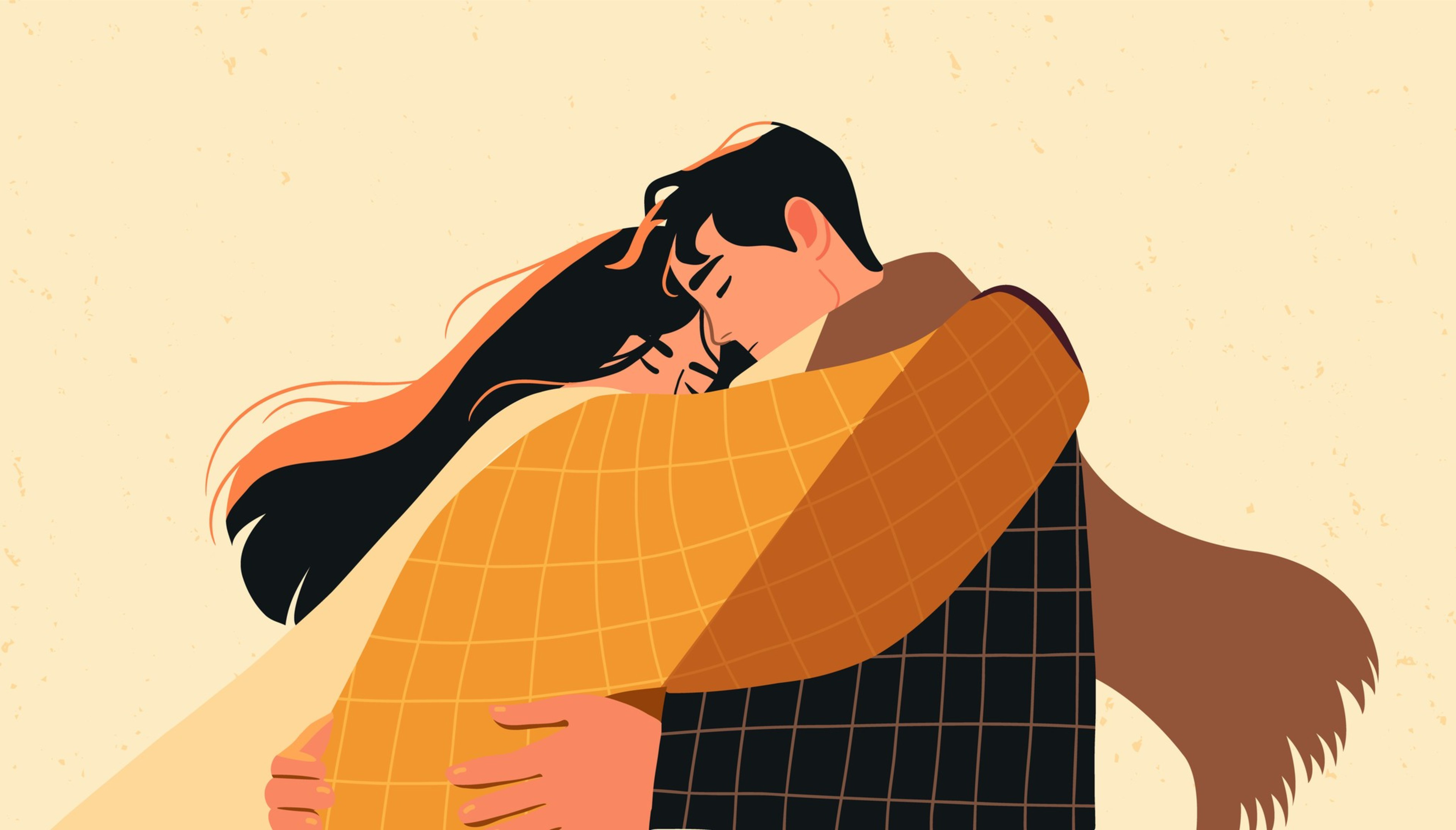 Grief couple hug together.