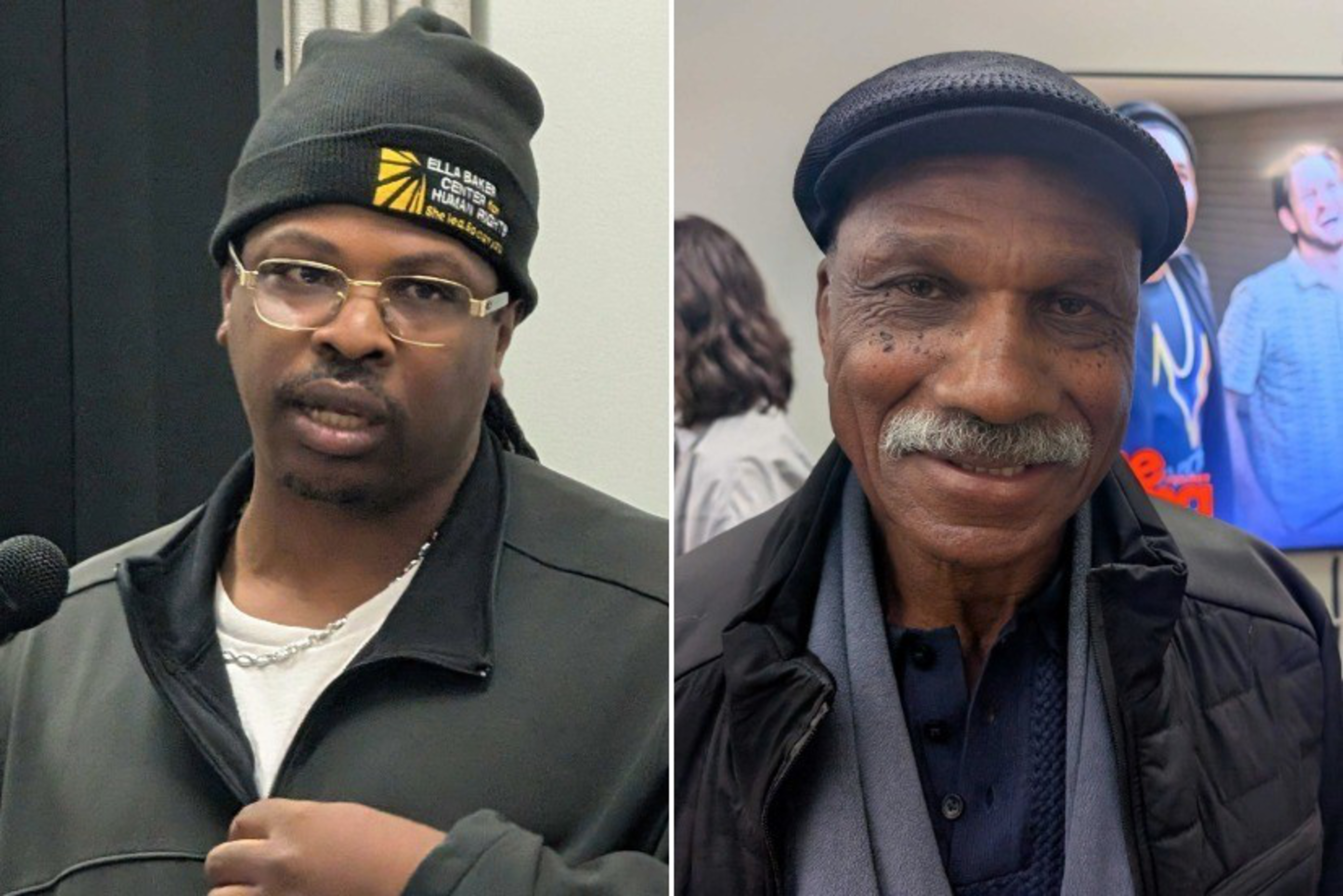 A man with glasses and a black beanie speaks into a microphone, while an older man with a mustache and hat smiles inside a building.