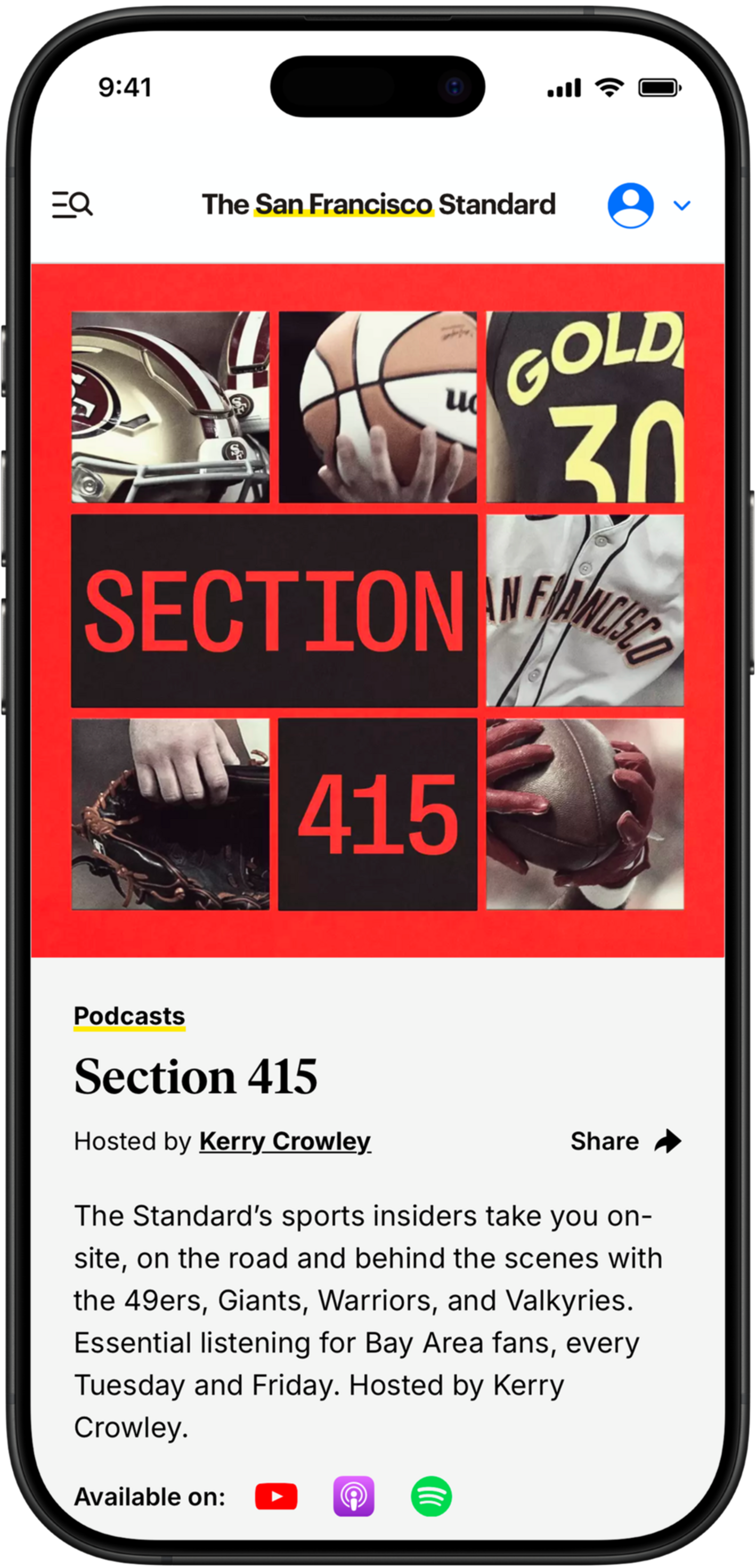 San Francisco sports-themed podcast "Section 415" featuring 49ers, Giants, Warriors, and Valkyries, hosted by Kerry Crowley, with images of sports gear.
