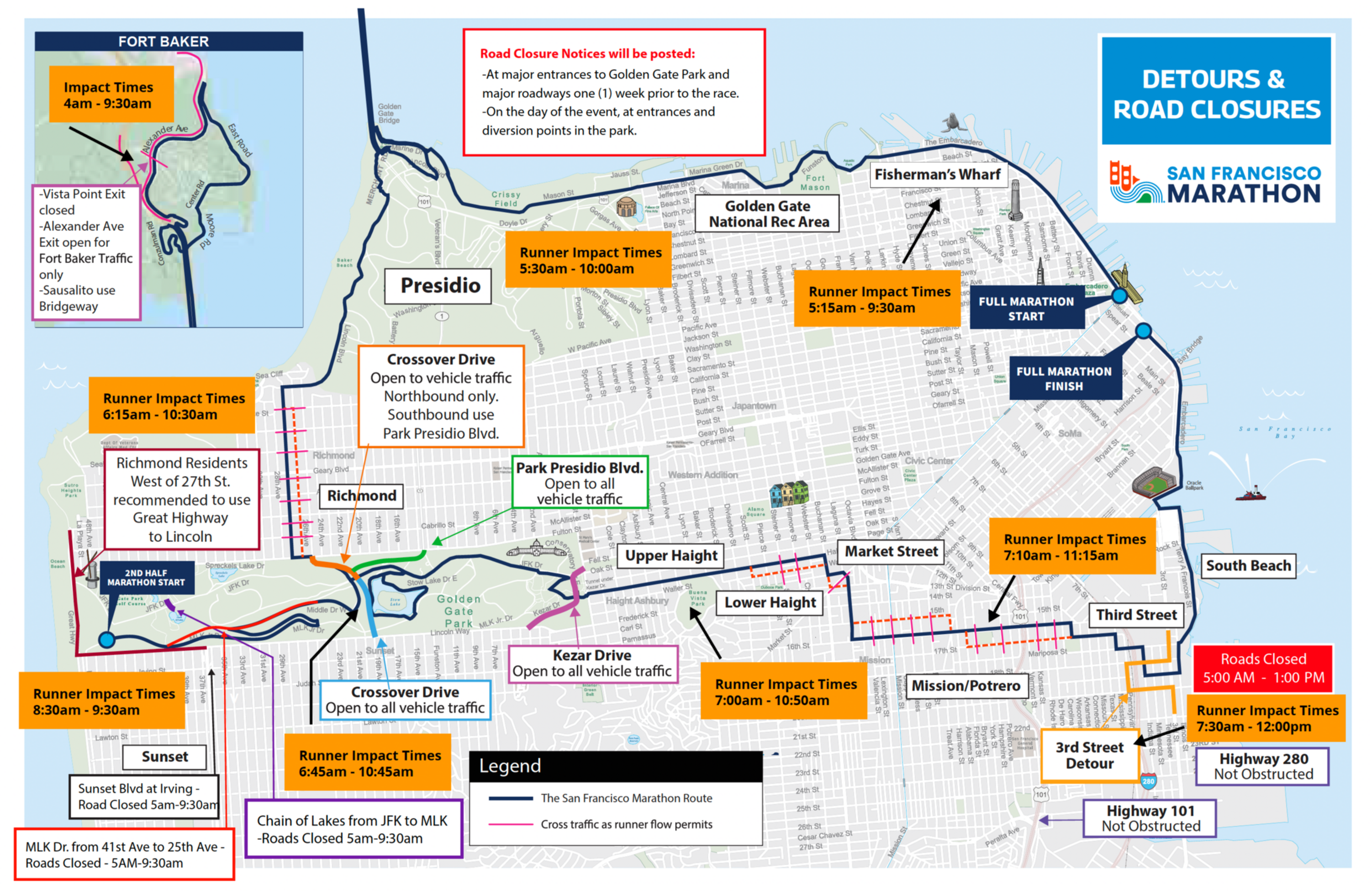 The image shows a map of San Francisco with highlighted routes and road closures for a marathon. It includes impact times, detours, and areas with restricted vehicle access.