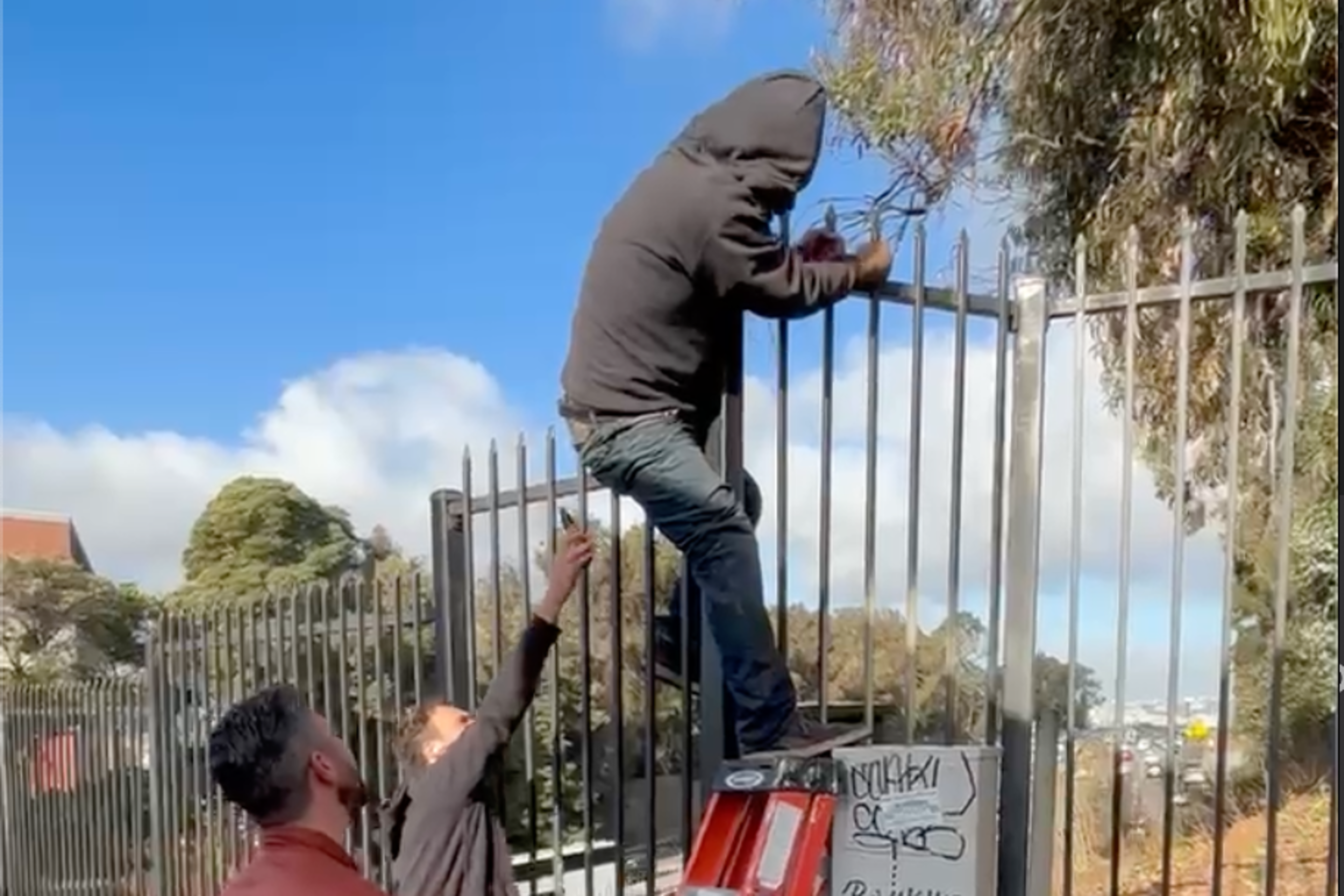 Three people are near a tall fence. One person stands on an orange ladder wearing a hoodie. Another holds the ladder, and a third reaches up. Itâ€™s a bright day.