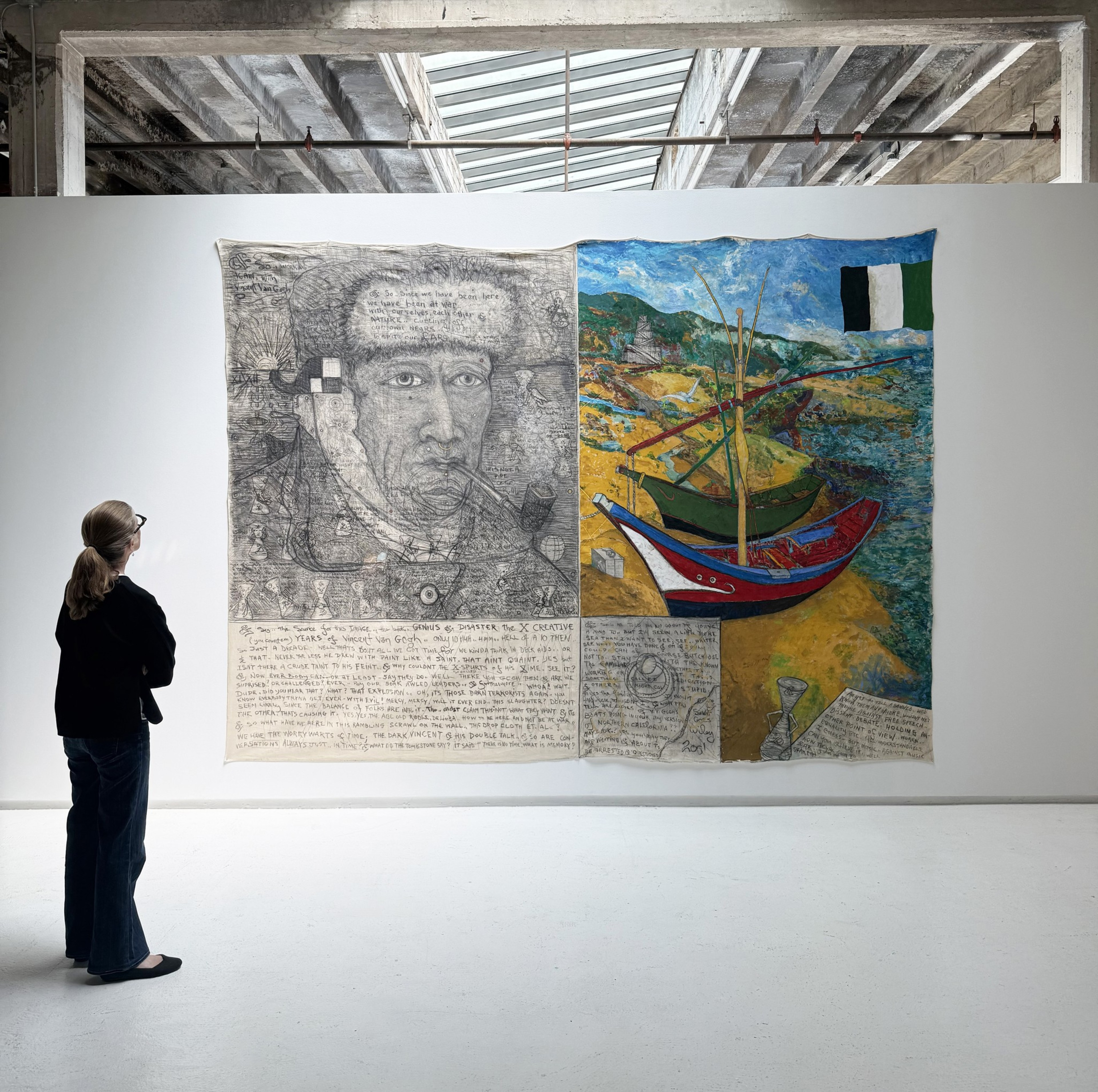 A woman stands in a gallery, observing a large artwork. The piece features a sketch of a man with a pipe on the left, and colorful boats on a shore on the right.