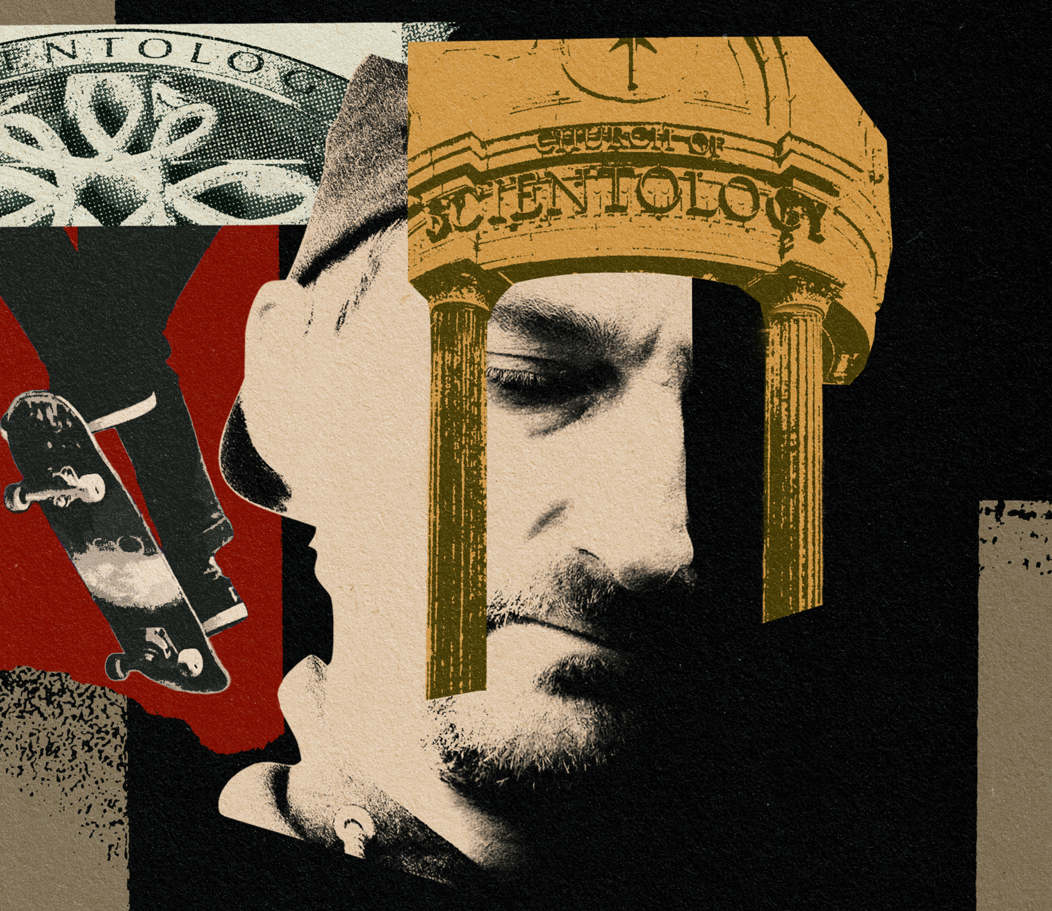 Collage of Aaron Kyro and the SF Center of Scientology