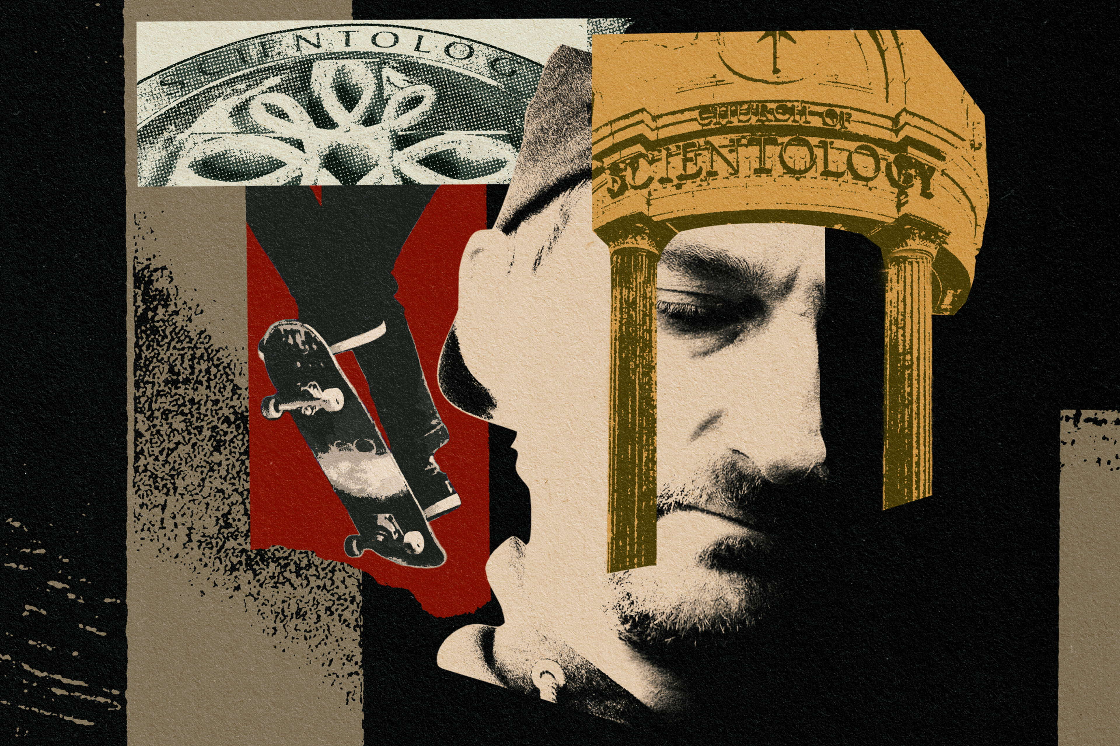Collage of Aaron Kyro and the SF Center of Scientology