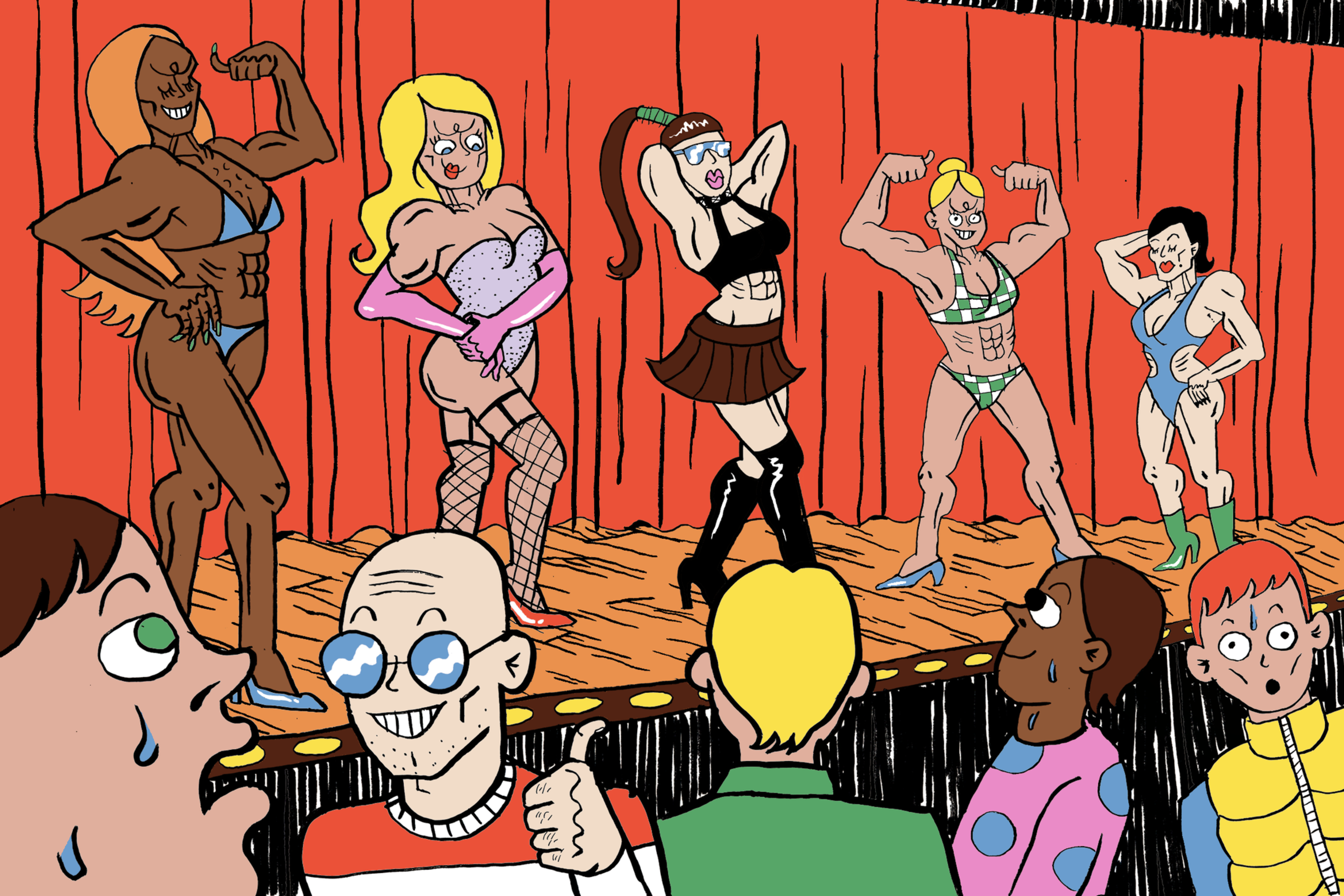 Five muscular women in revealing outfits strike poses on stage in front of an audience with mixed expressions of awe, amusement, and surprise.