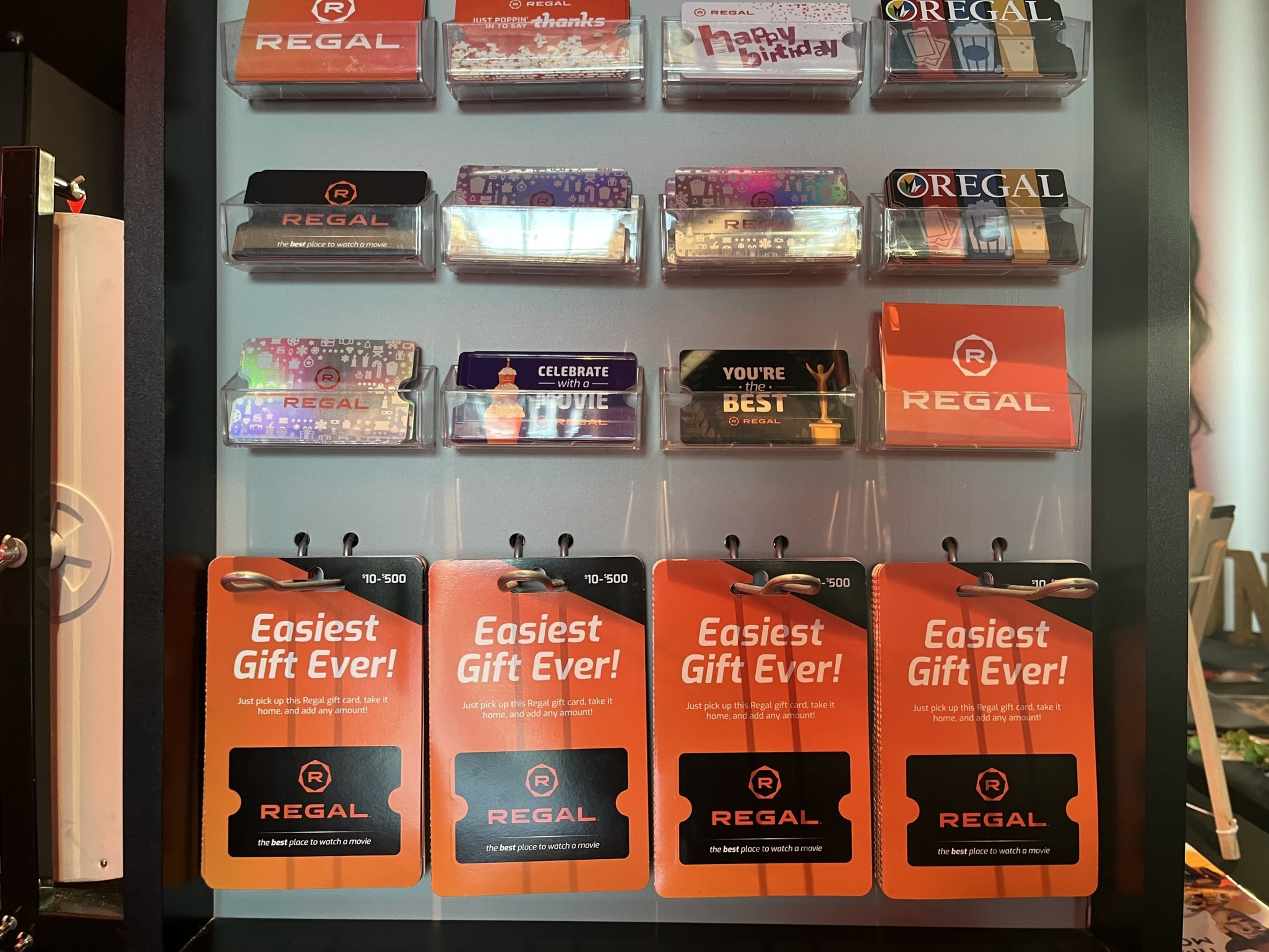 Regal Cinemas’ gift cards  on a shelf.