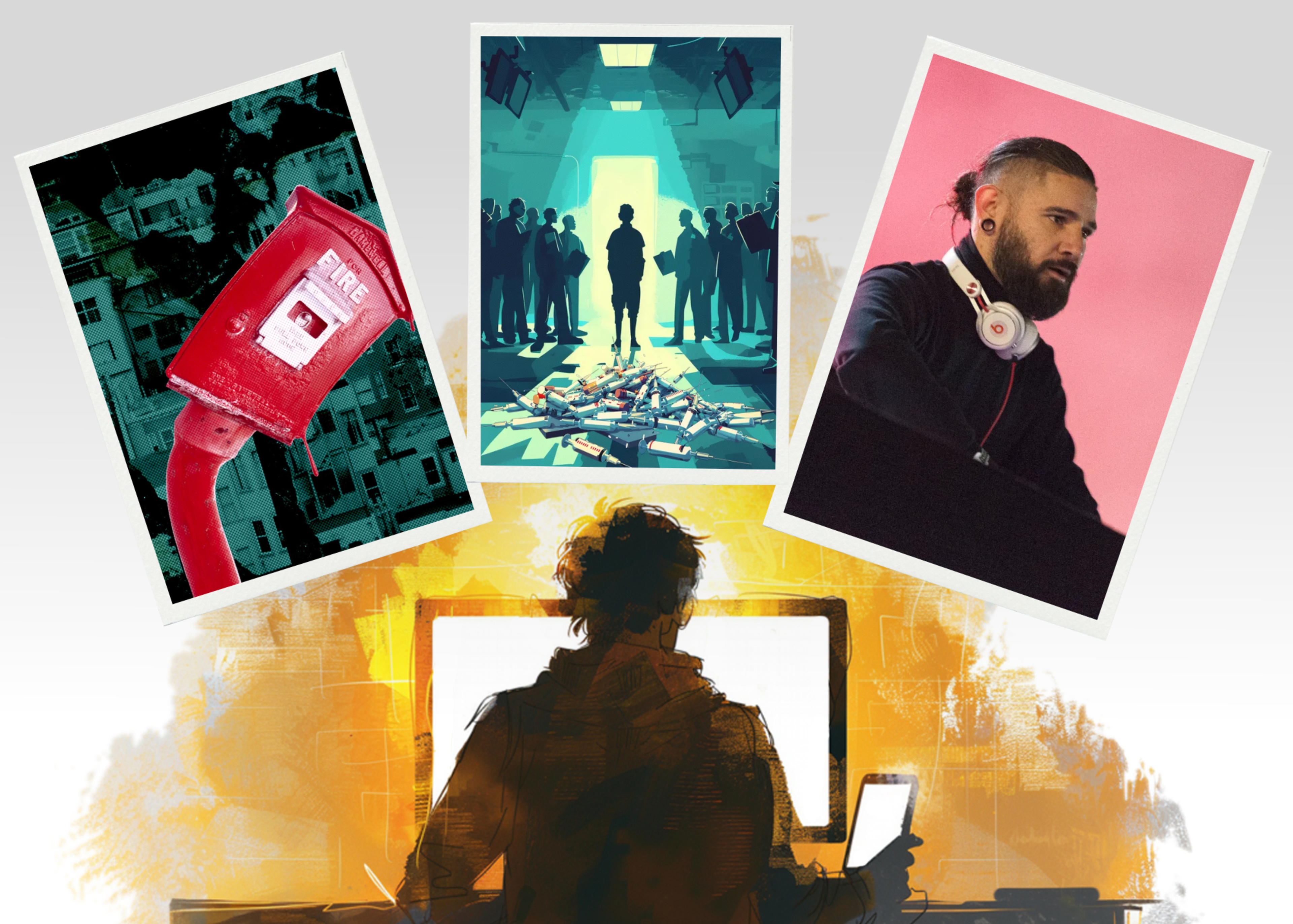 The image shows a red fire alarm, a shadowed group around a person with glowing documents, and a man with headphones. In the foreground, someone works at a computer.