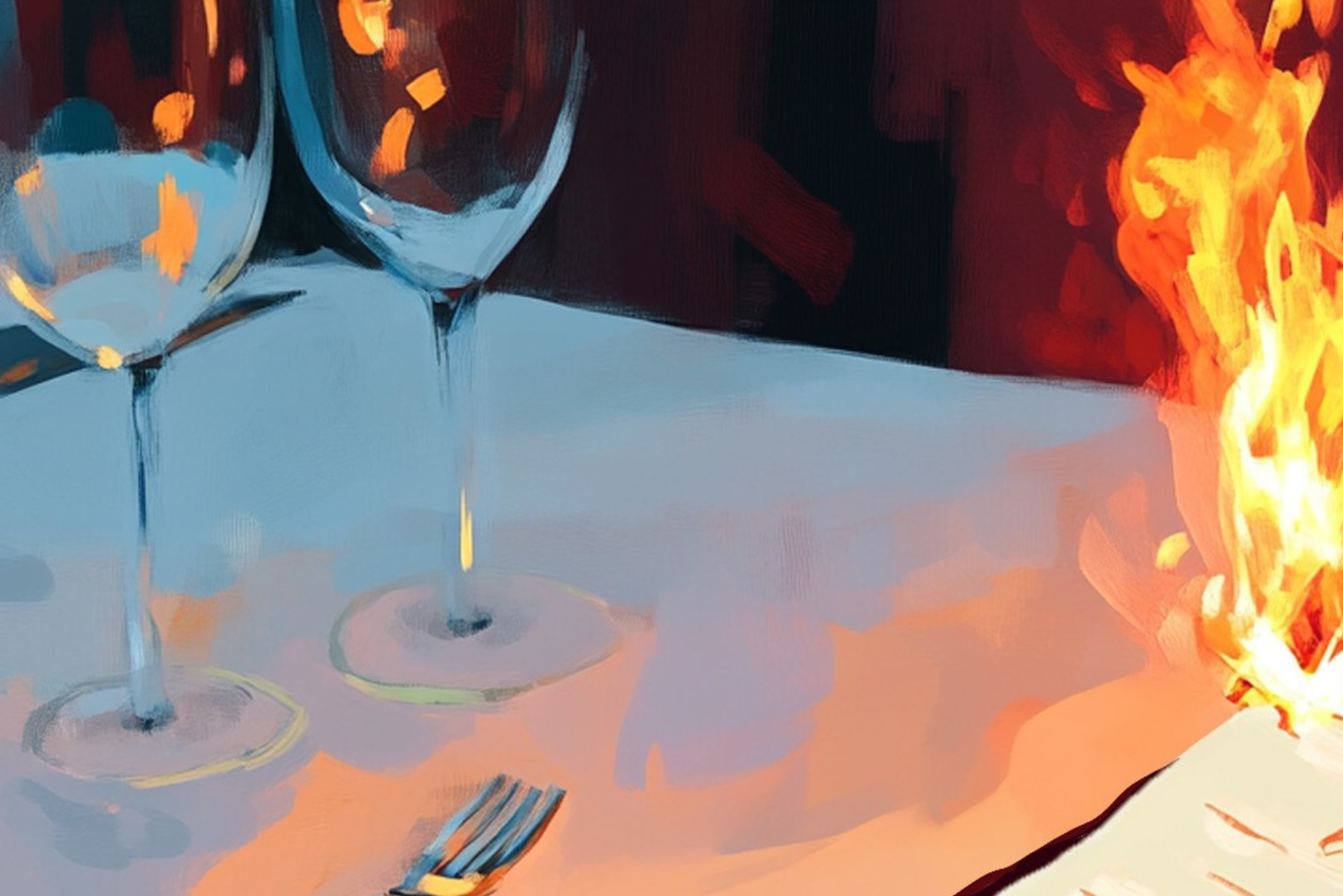 A hand ignites a piece of paper on a table set for a meal, with empty wine glasses and a plate of food nearby, creating a dramatic, fiery scene.