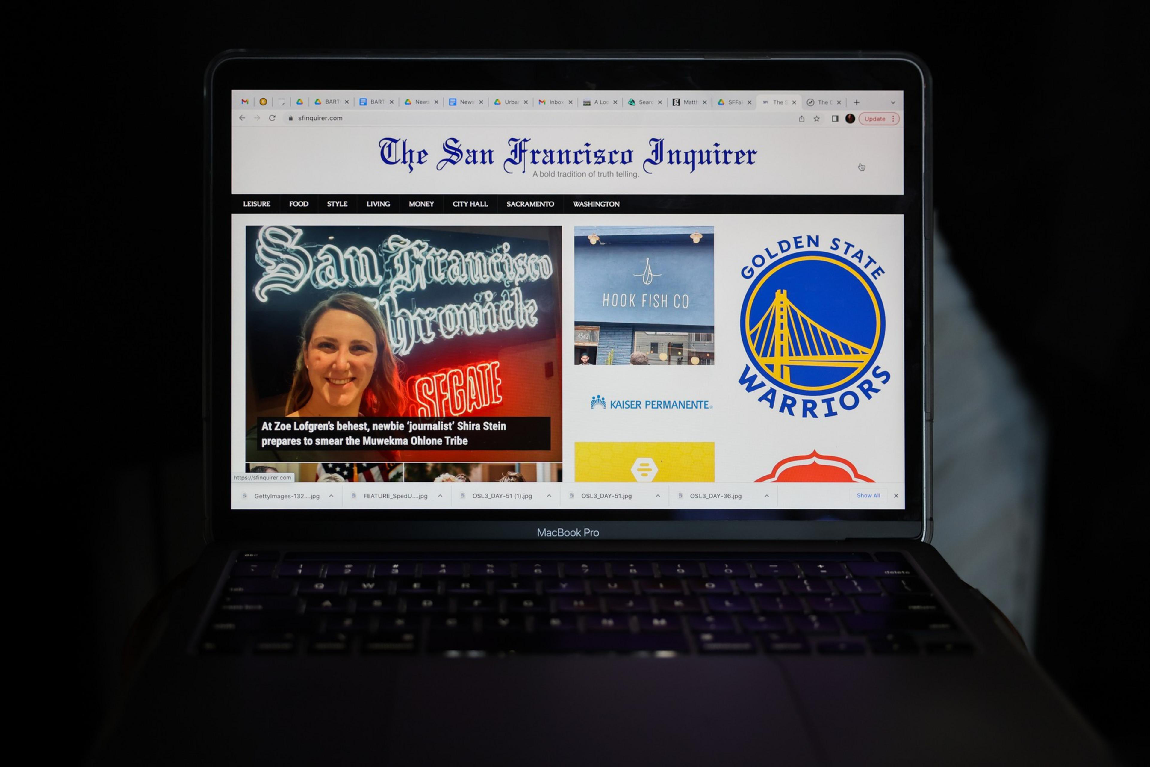 A laptop screen displays "The San Francisco Inquirer" website with sections on leisure, food, and news, featuring a photo of a woman next to the San Francisco Chronicle logo.