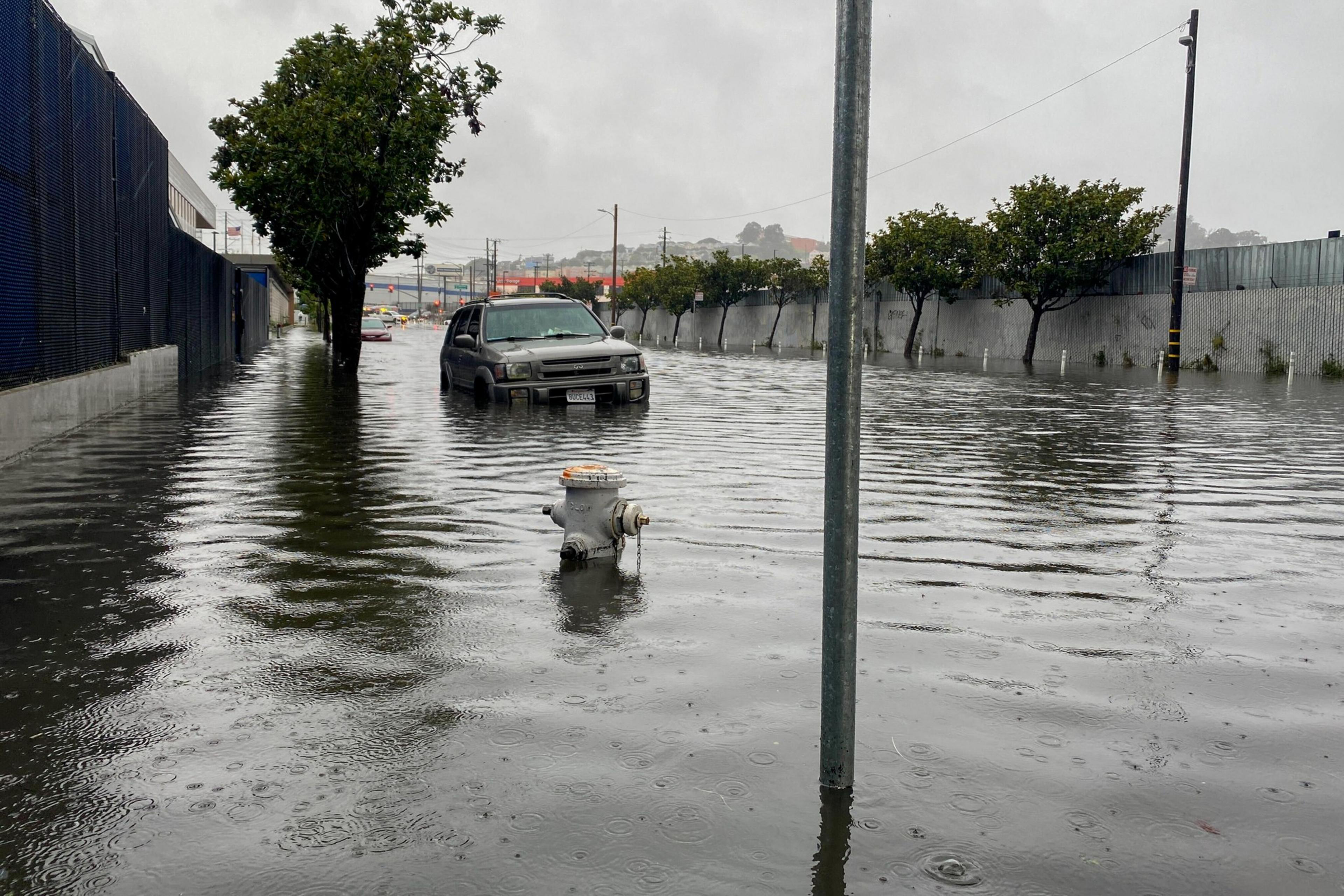 A street is heavily flooded, submerging a vehicle, a fire hydrant, and tree trunks in murky water under a gray, overcast sky.