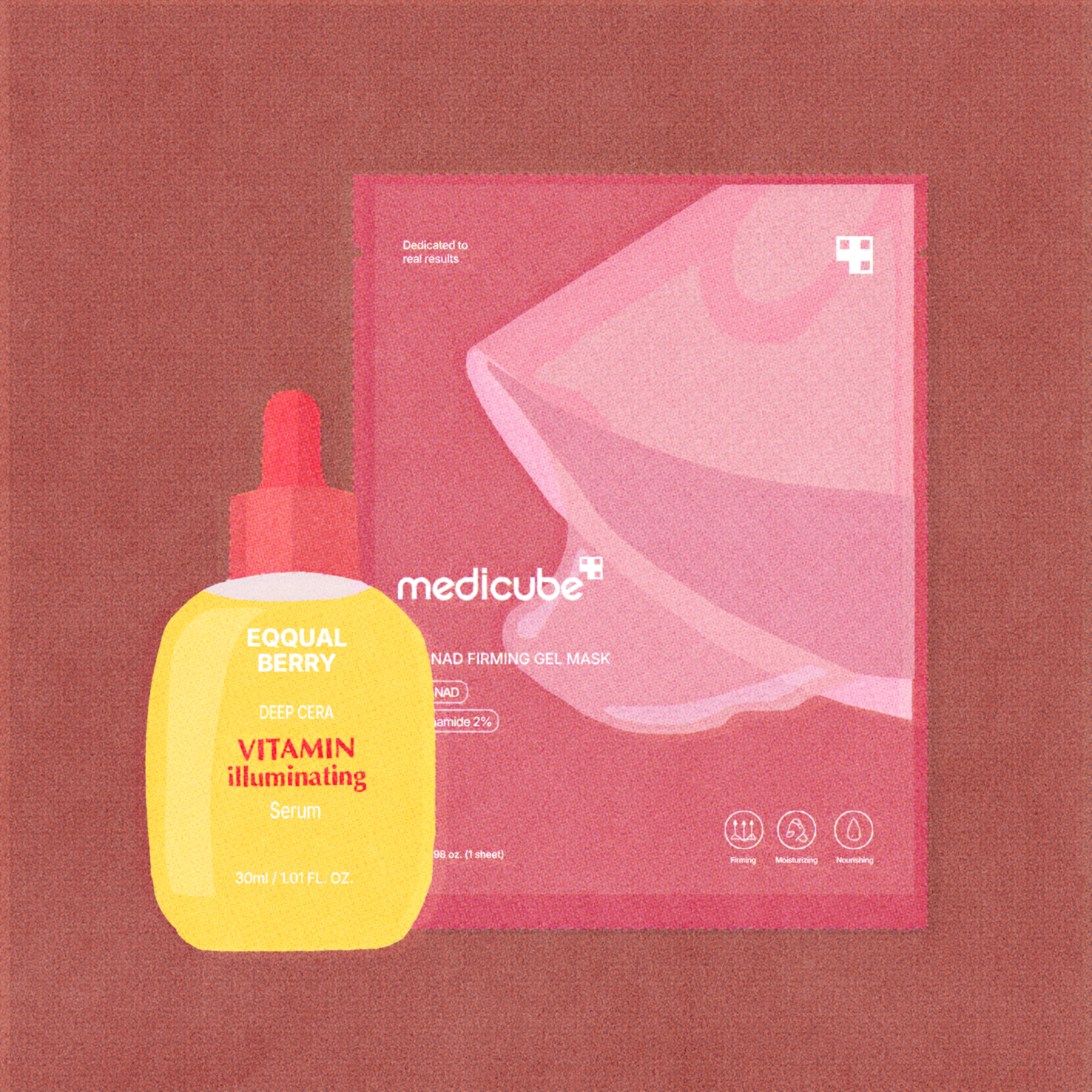 A yellow bottle of EQQUAL BERRY Vitamin Illuminating Serum and a pink package of Medicube NAD Firming Gel Mask rest against a brown background.