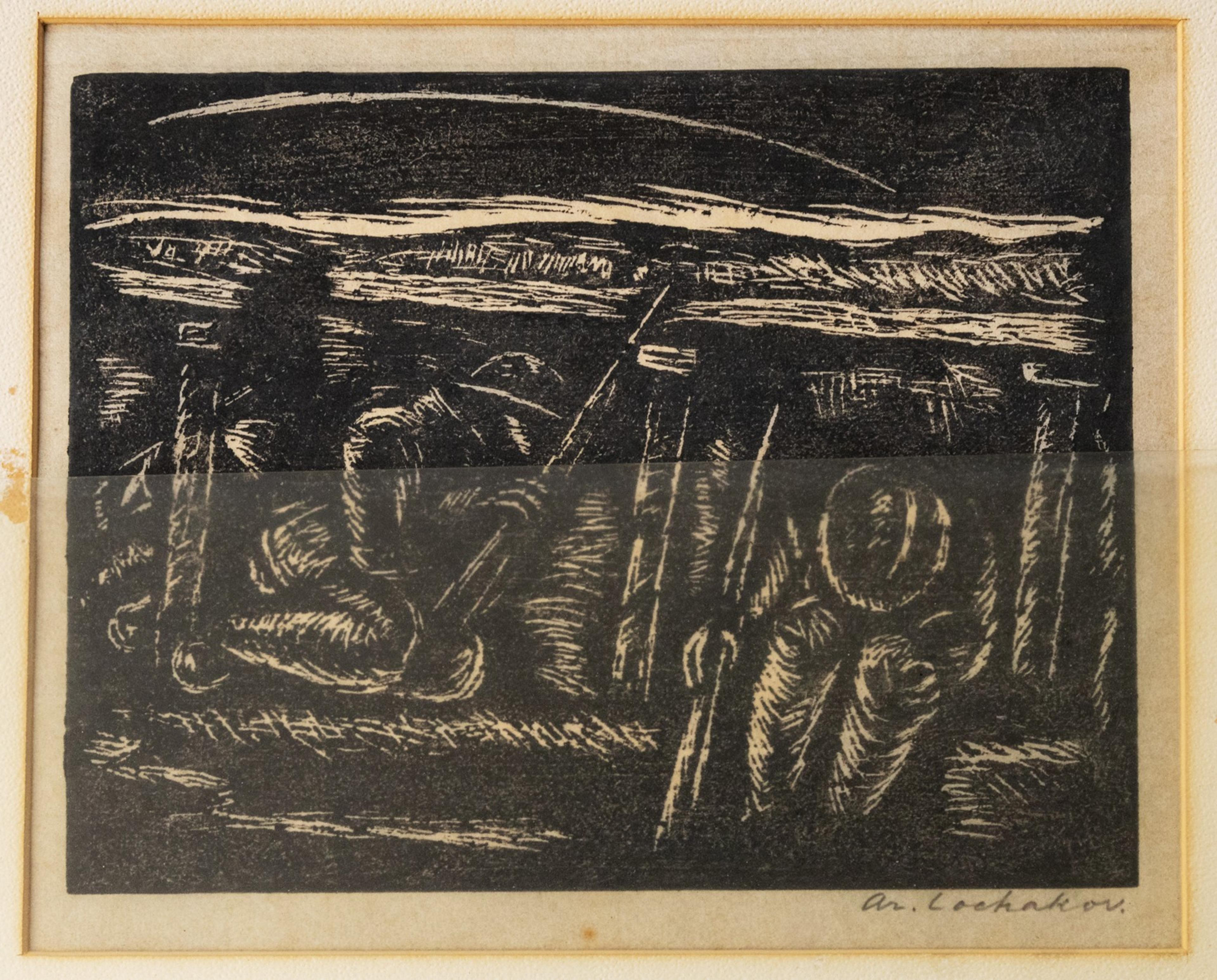 An etching with strong black and white contrasts depicting a rough landscape, signed by A. Lanskoy.