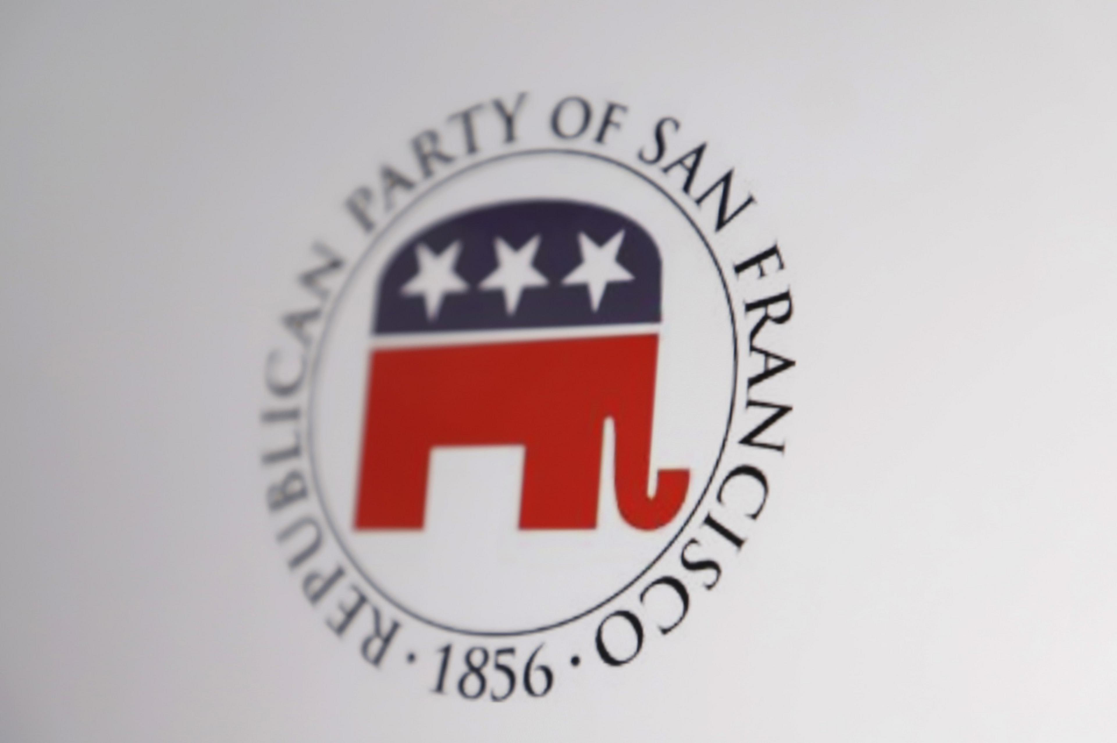The image shows the logo of the Republican Party of San Francisco. It features a red elephant with three white stars on a blue background, encircled by text.
