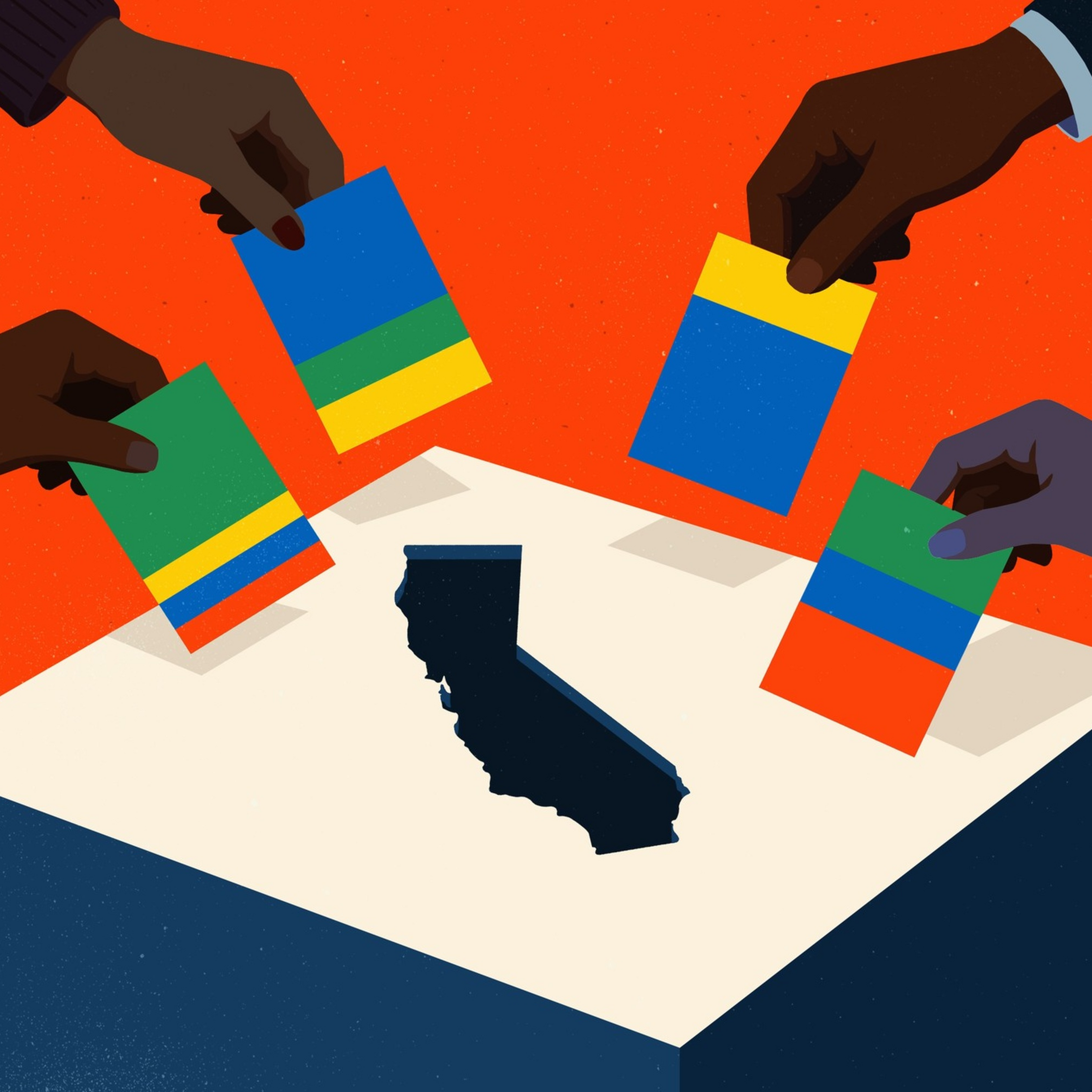 Four dark-skinned hands are placing multicolored ballots into a white box with a cutout in the shape of California, set against an orange background.