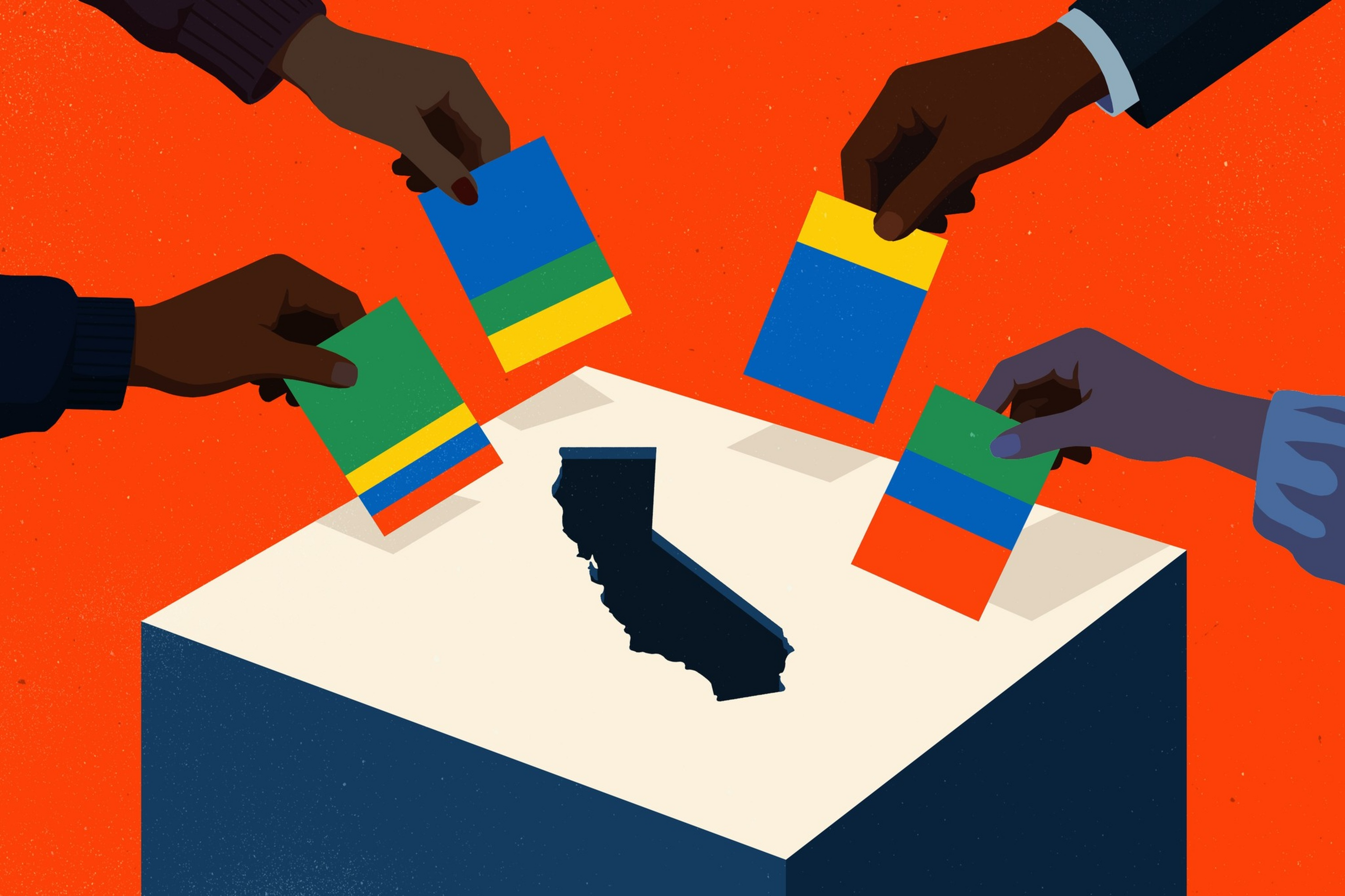 Four dark-skinned hands are placing multicolored ballots into a white box with a cutout in the shape of California, set against an orange background.