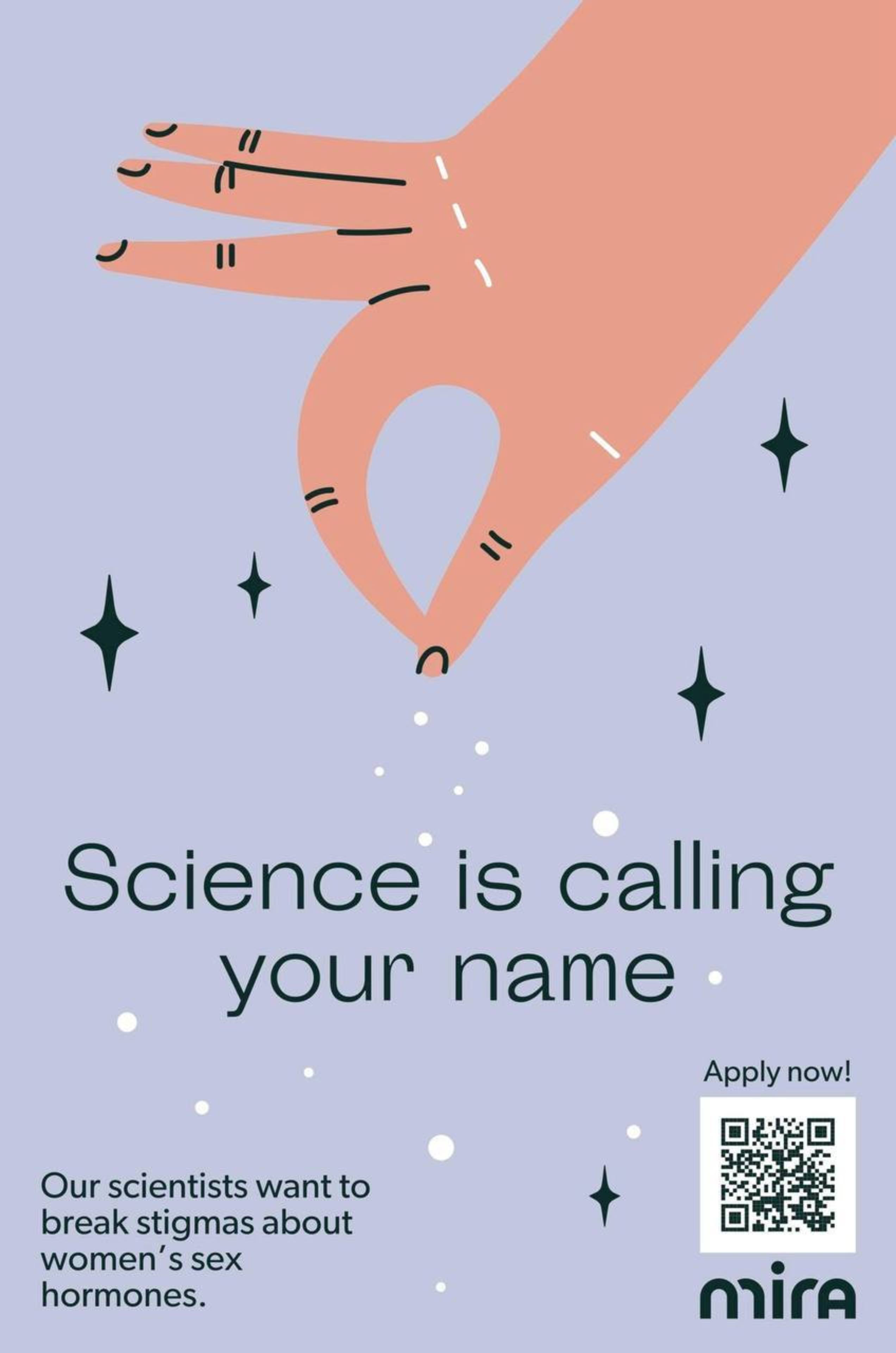 A stylized hand sprinkles white dots on a purple background. Text reads, &quot;Science is calling your name,&quot; encouraging breaking stigmas about women's sex hormones.