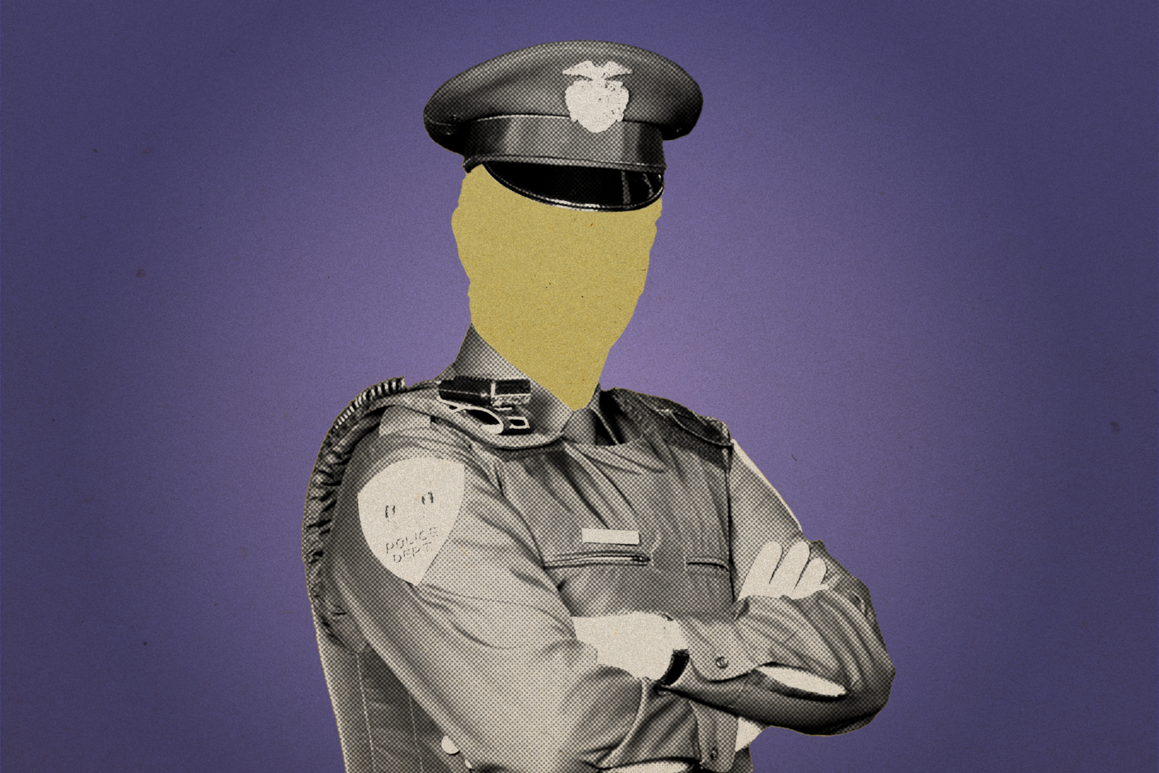 The image shows a police officer without a visible face, wearing a uniform and cap, with arms crossed, against a solid purple background.