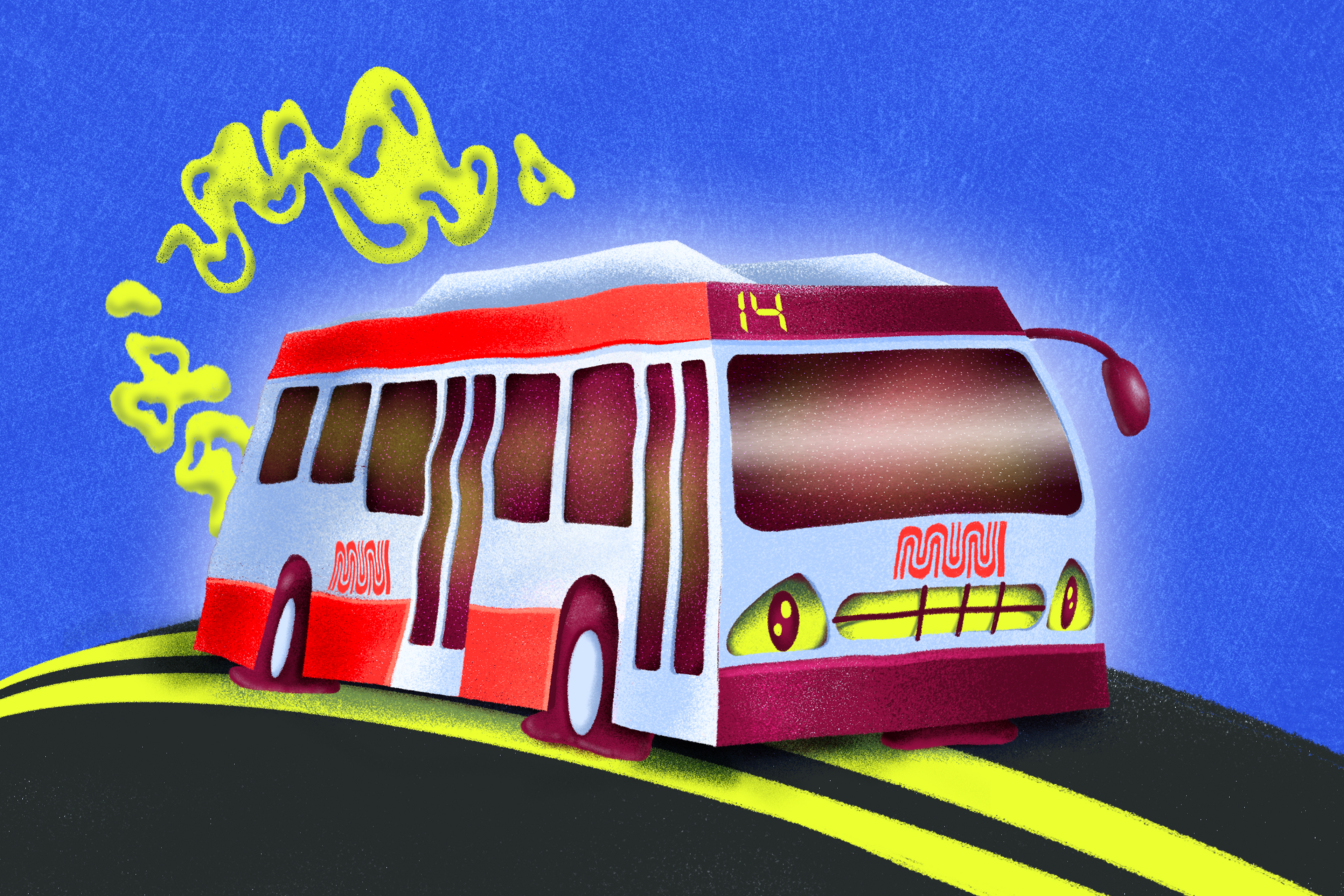 A cartoon-style MUNI bus with distorted features emits yellow smoke, traveling on a curved road with double yellow lines under a blue sky.