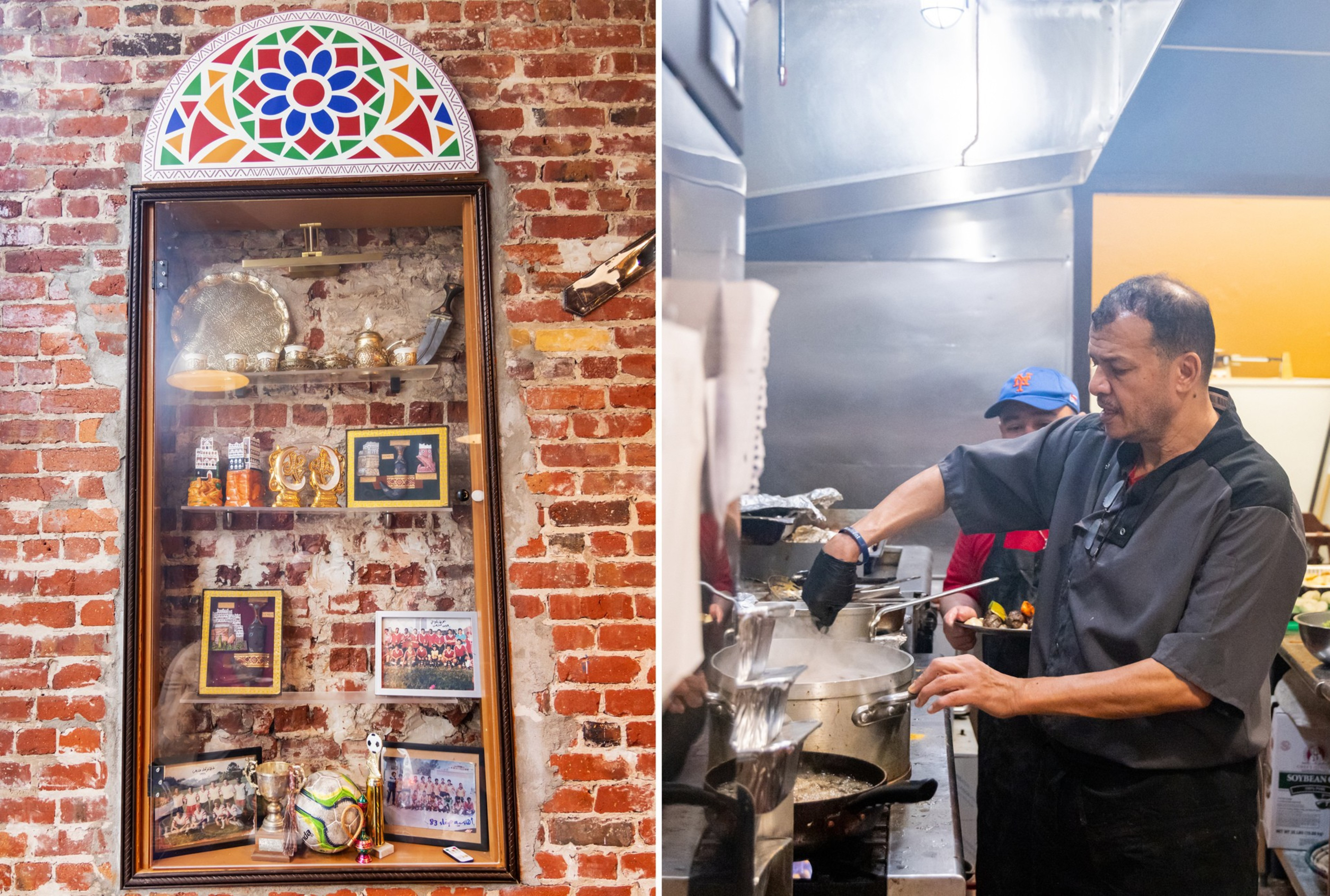 The image shows a brick wall with a glass display of decorative items and photos on the left, and a chef cooking in a professional kitchen on the right.