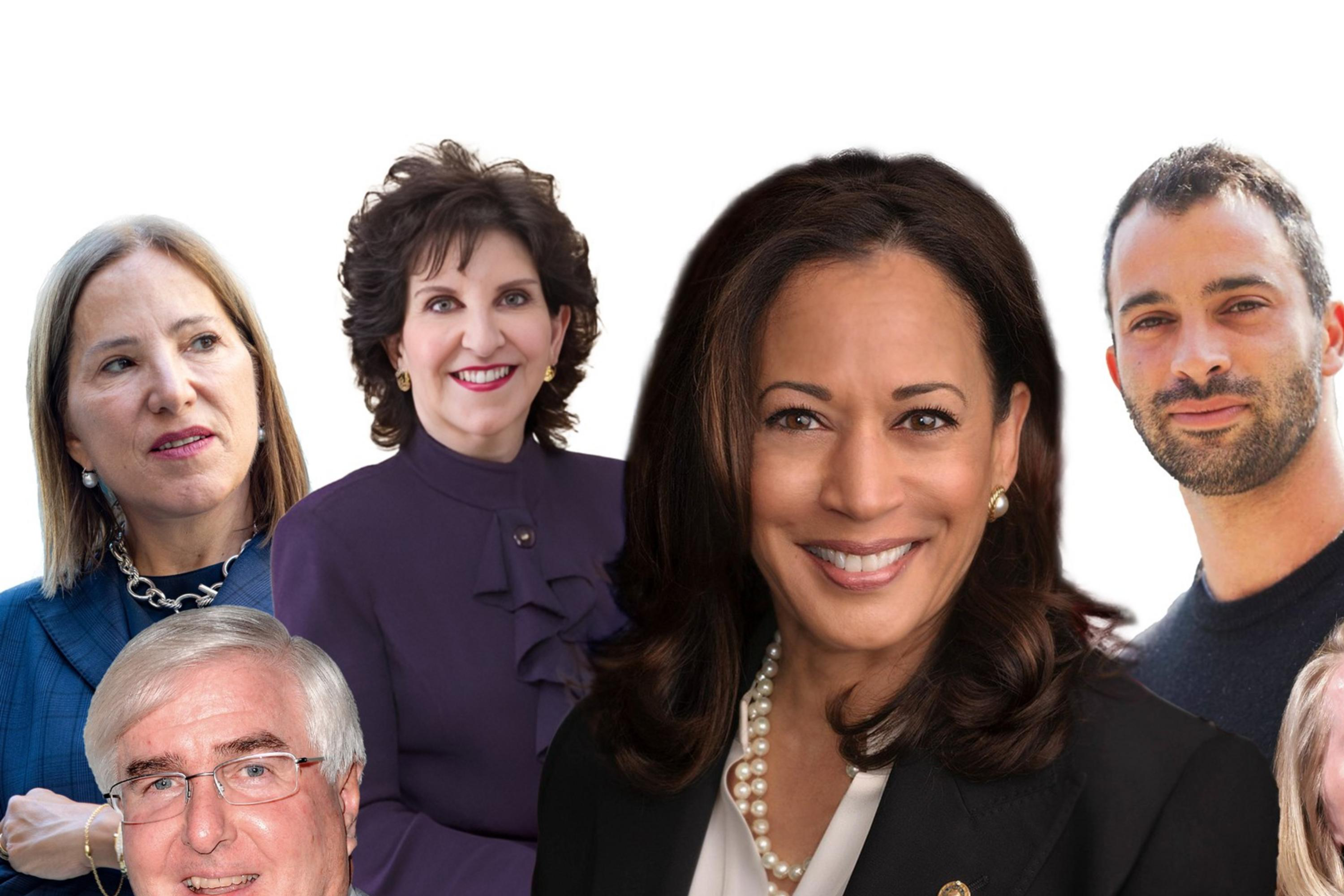 Seven people are posing in a group. They are all dressed in formal attire, and the background is white, highlighting each individual's face clearly.