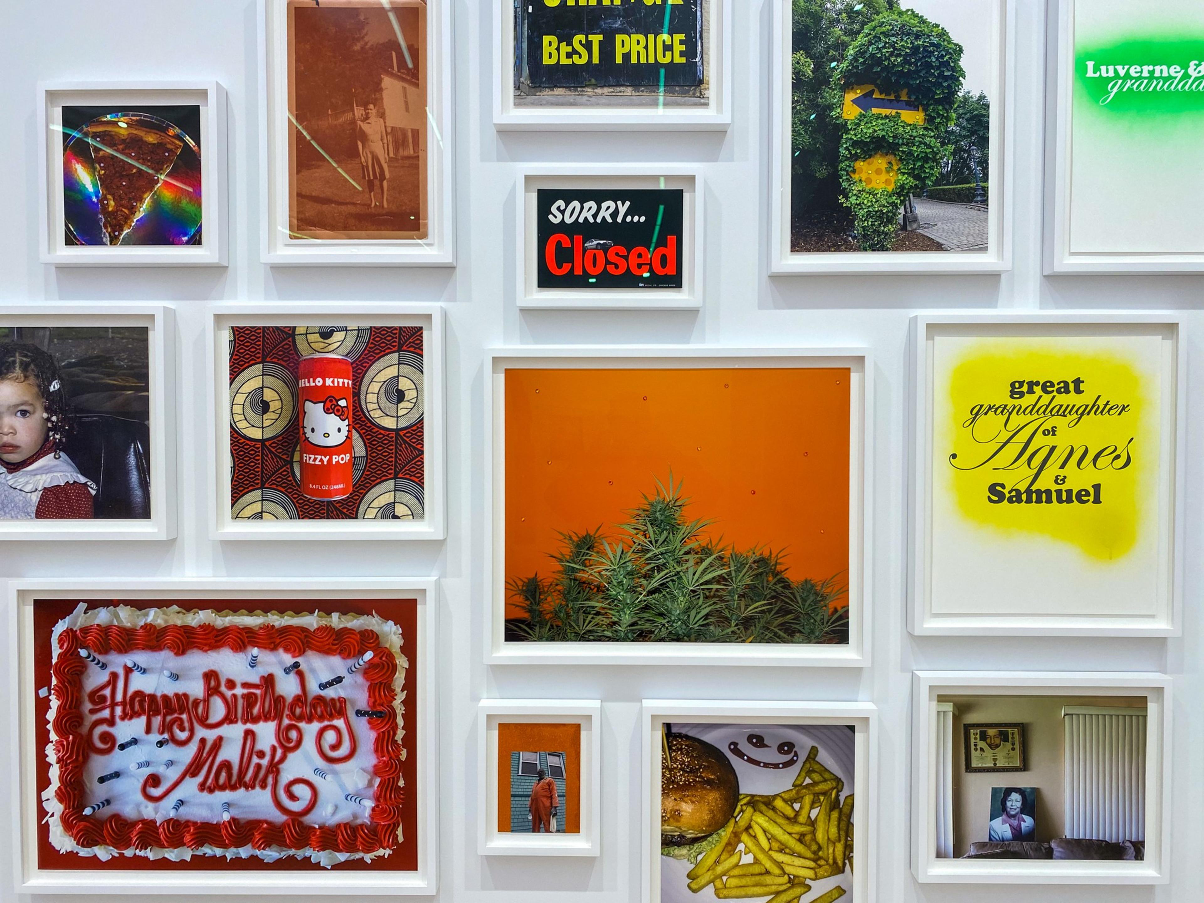 A collage of framed photos and images includes a birthday cake with "Malik," a "Sorry... Closed" sign, a Hello Kitty can, a girl’s portrait, fries with a burger, and text about Agnes and Samuel.