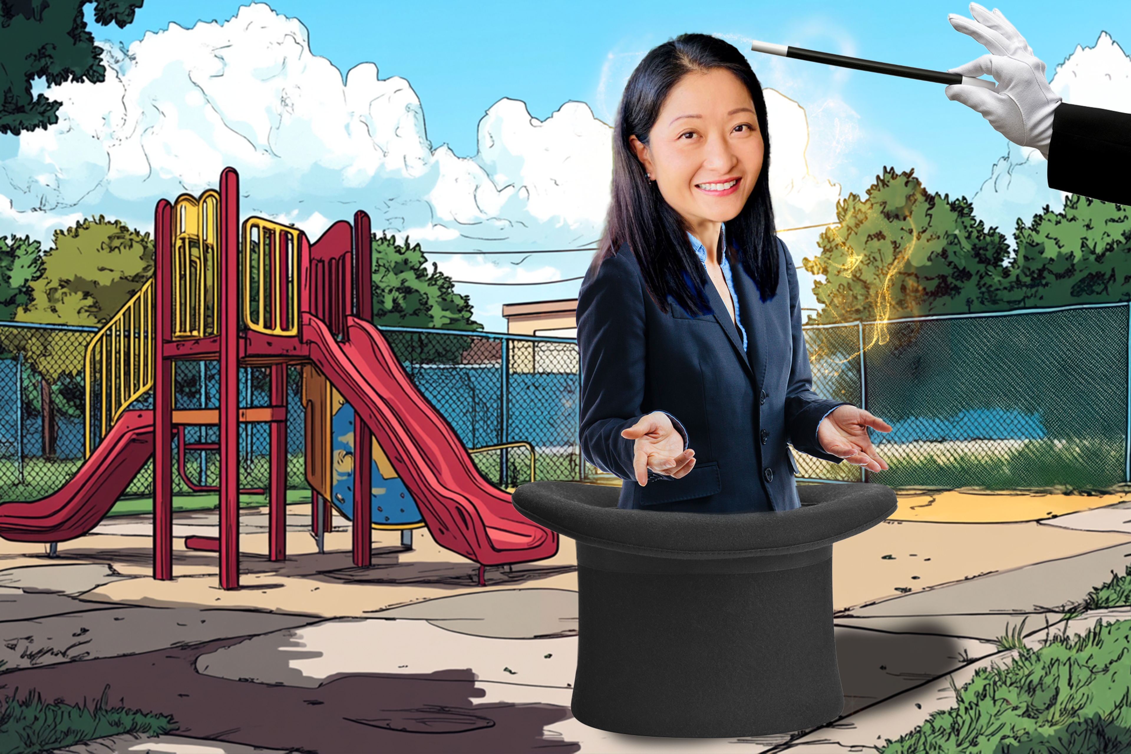 A woman in a suit appears magically from a top hat in front of a playground with slides. A hand with a wand is casting a spell in the scene.