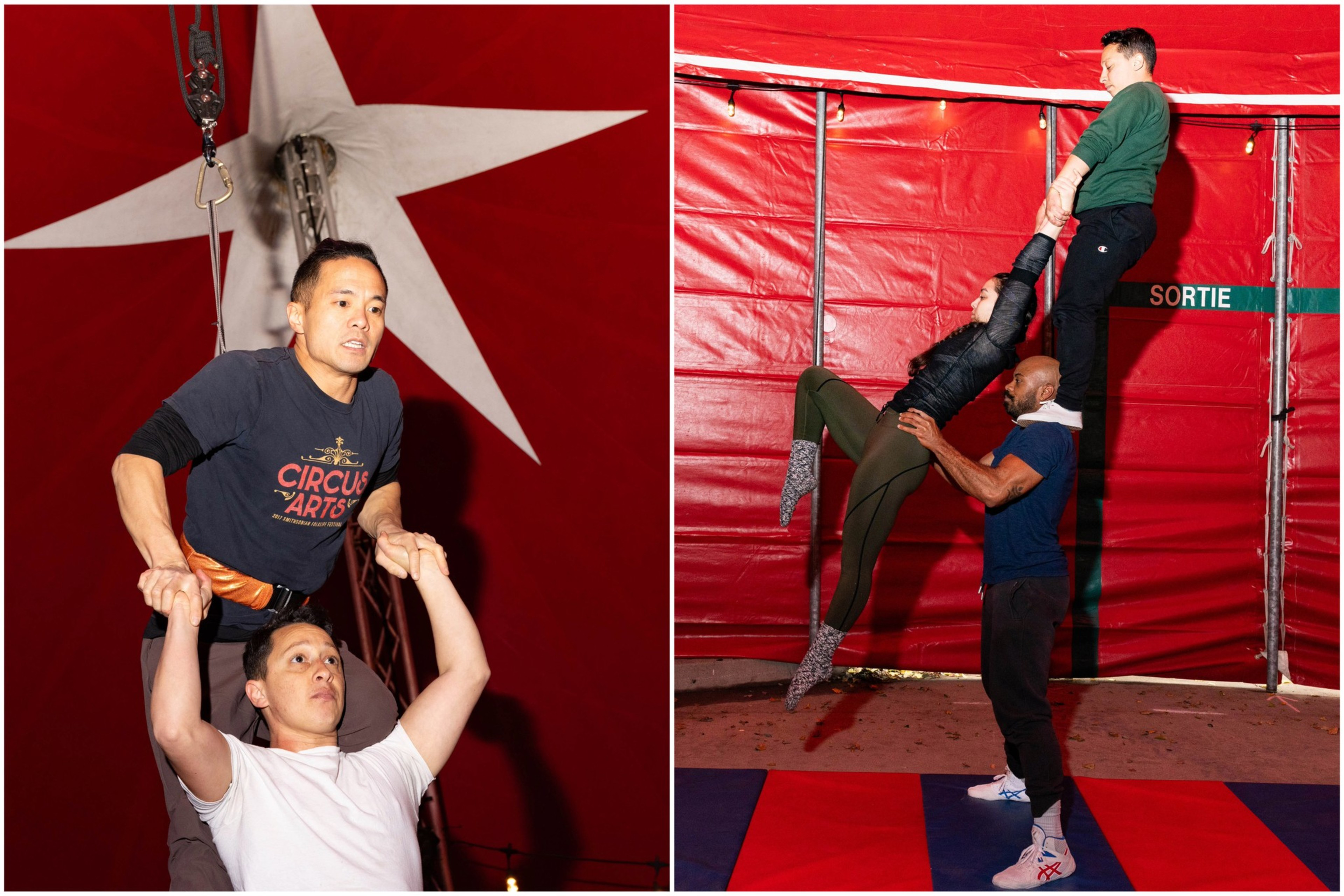 A composite image of people  practicing aerobatics inside a red circus tent. 