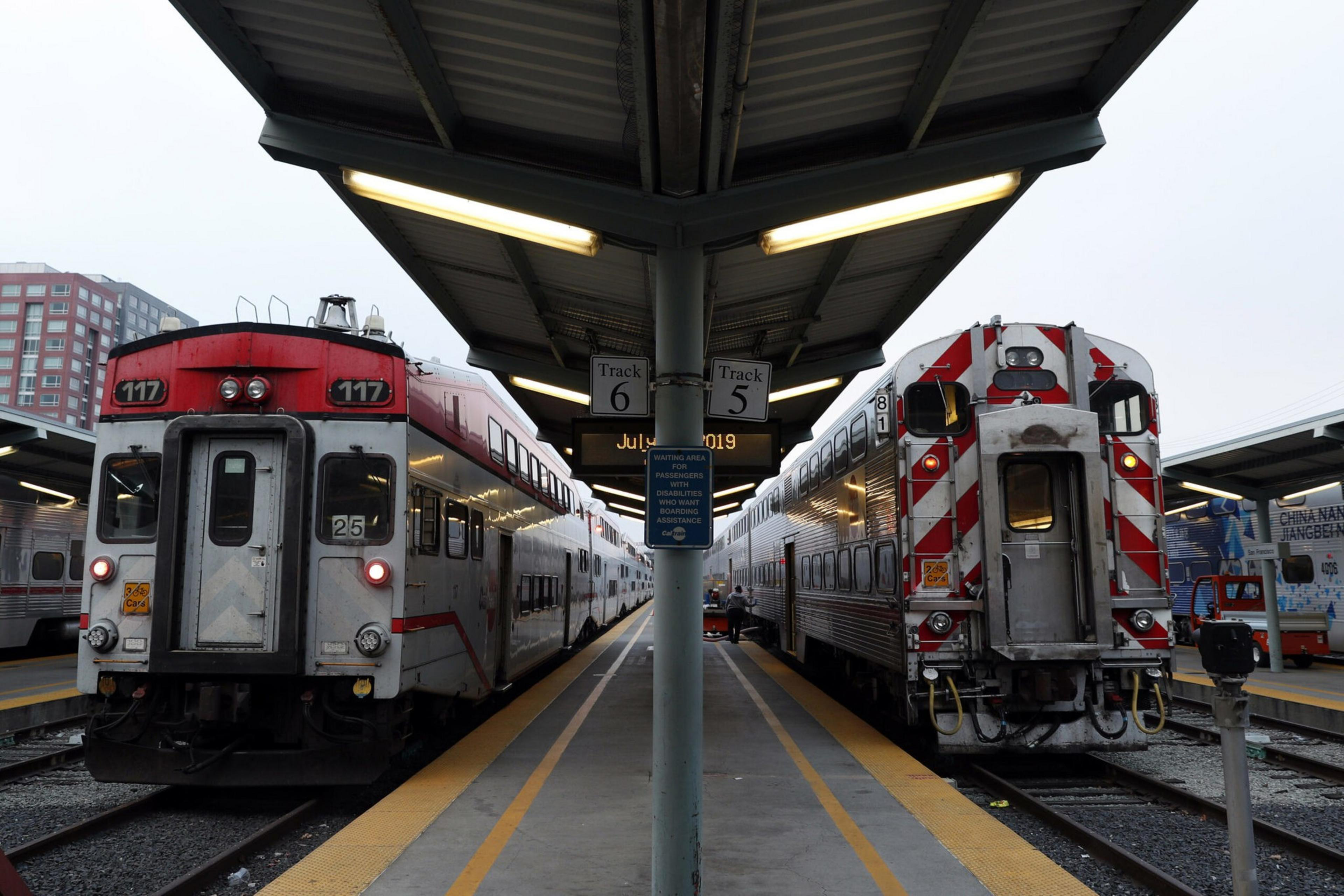 Trains wait on tracks 5 and 6 for passengers at the Caltrain Station in San Francisco, Calif., on Thursday, July 18, 2019. Business leaders and transportation officials are putting together a sales tax ballot measure for next year that would generate billi