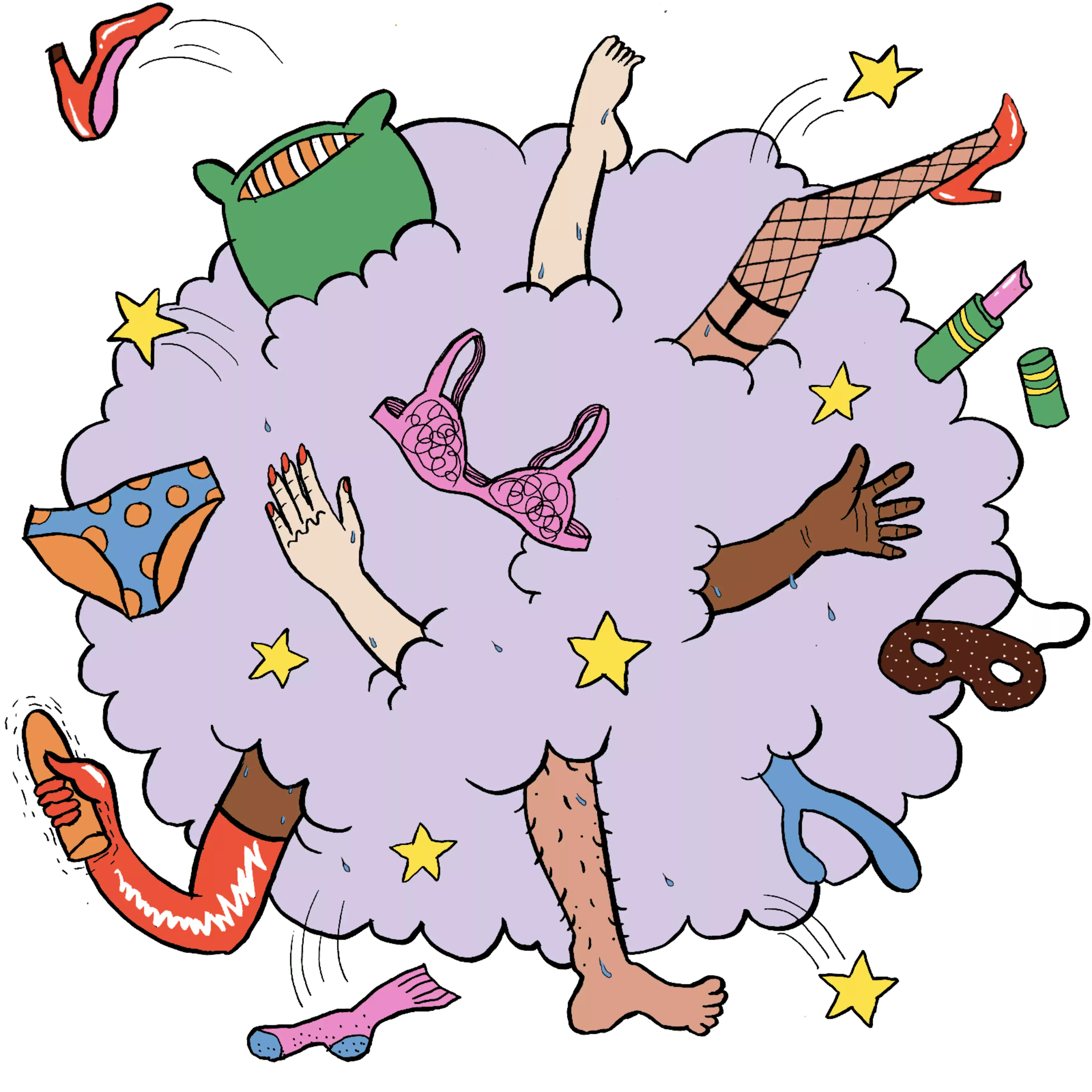 A purple cloud with disembodied arms and legs, various underwear, high heels, a green pillow, lipstick, and a sleep mask floating around it.