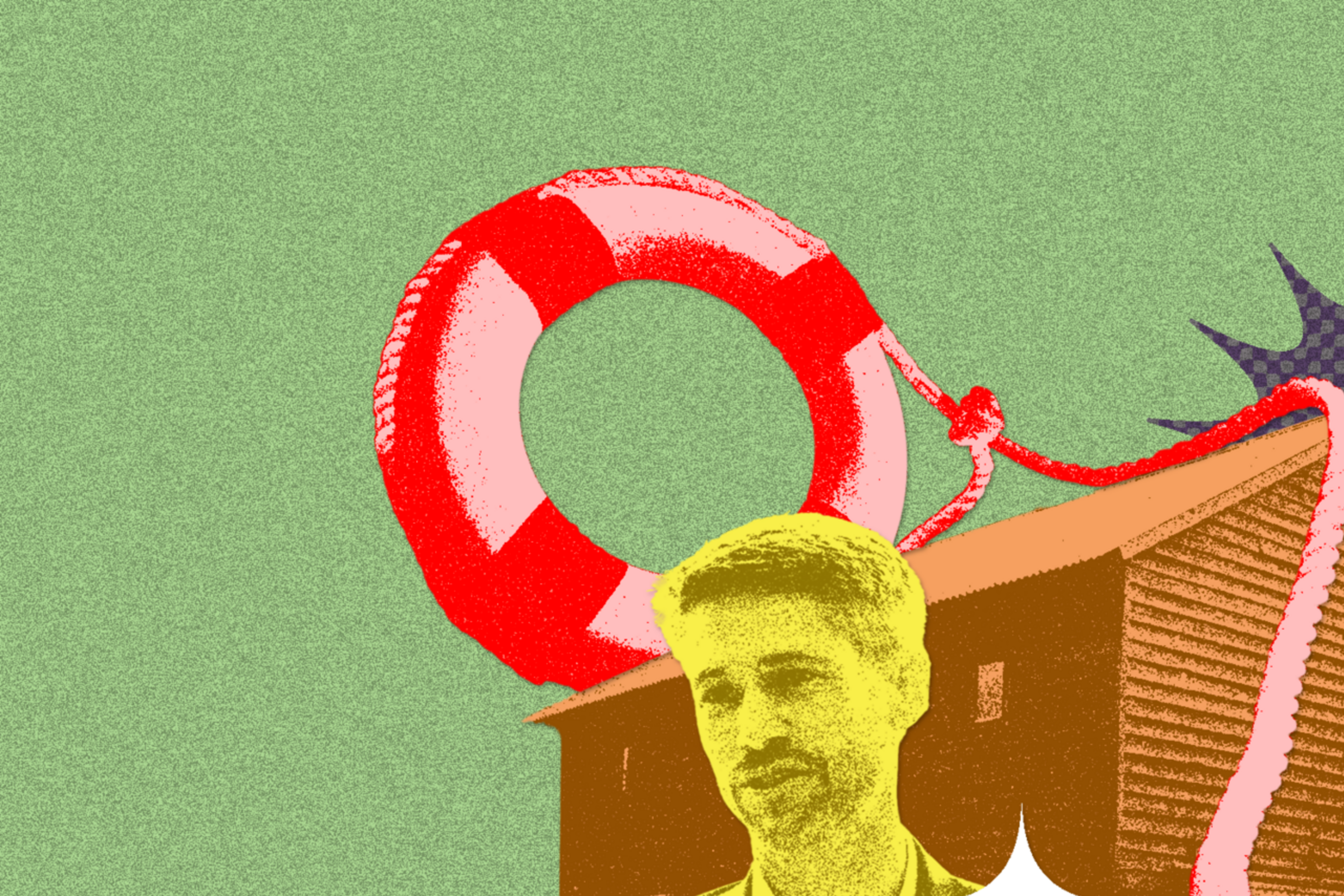 A photo illustration of a man and a house.