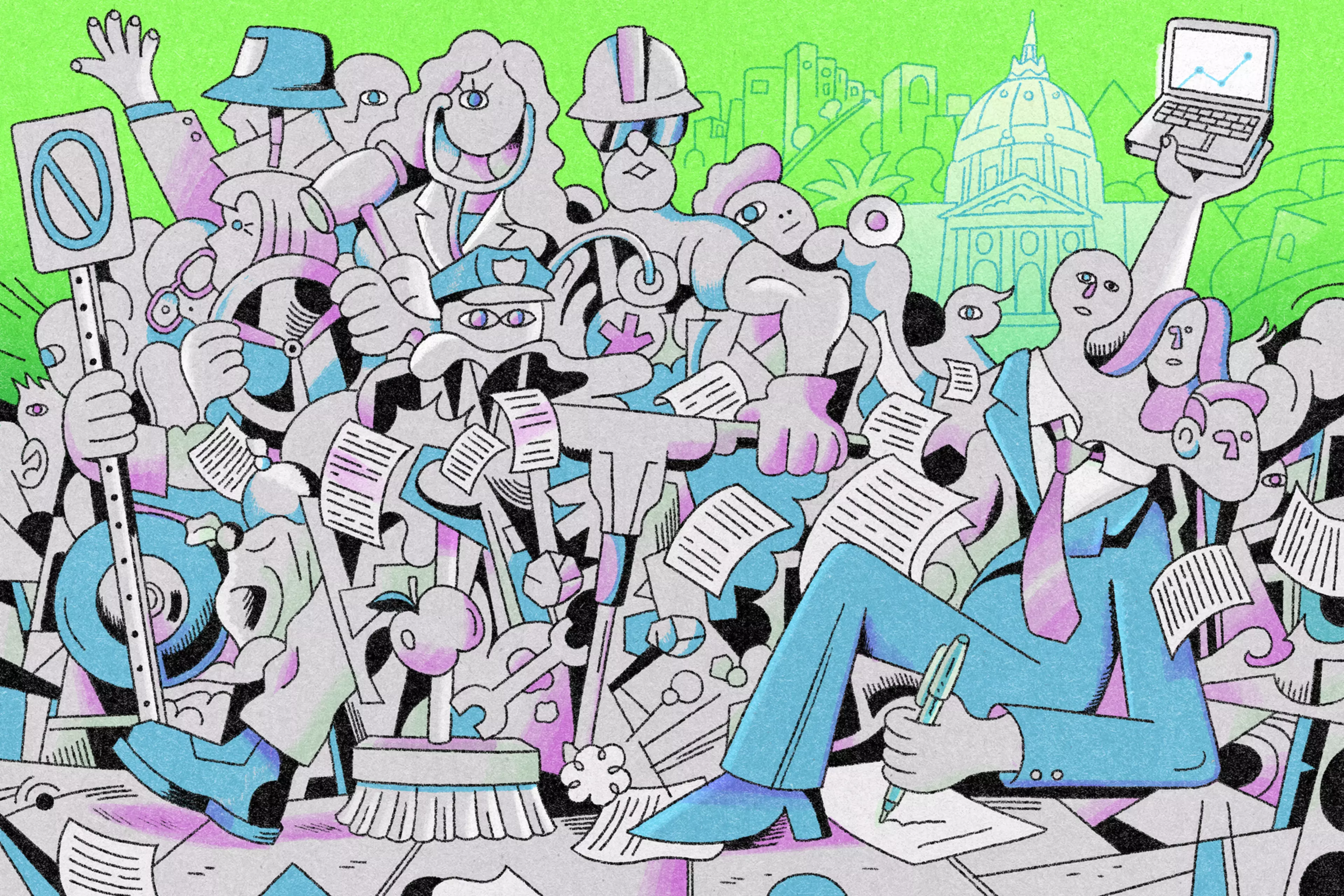 A vibrant illustration depicts various professions, like a driver, doctor, construction worker, and police officer, crowded together with floating papers against a cityscape backdrop.