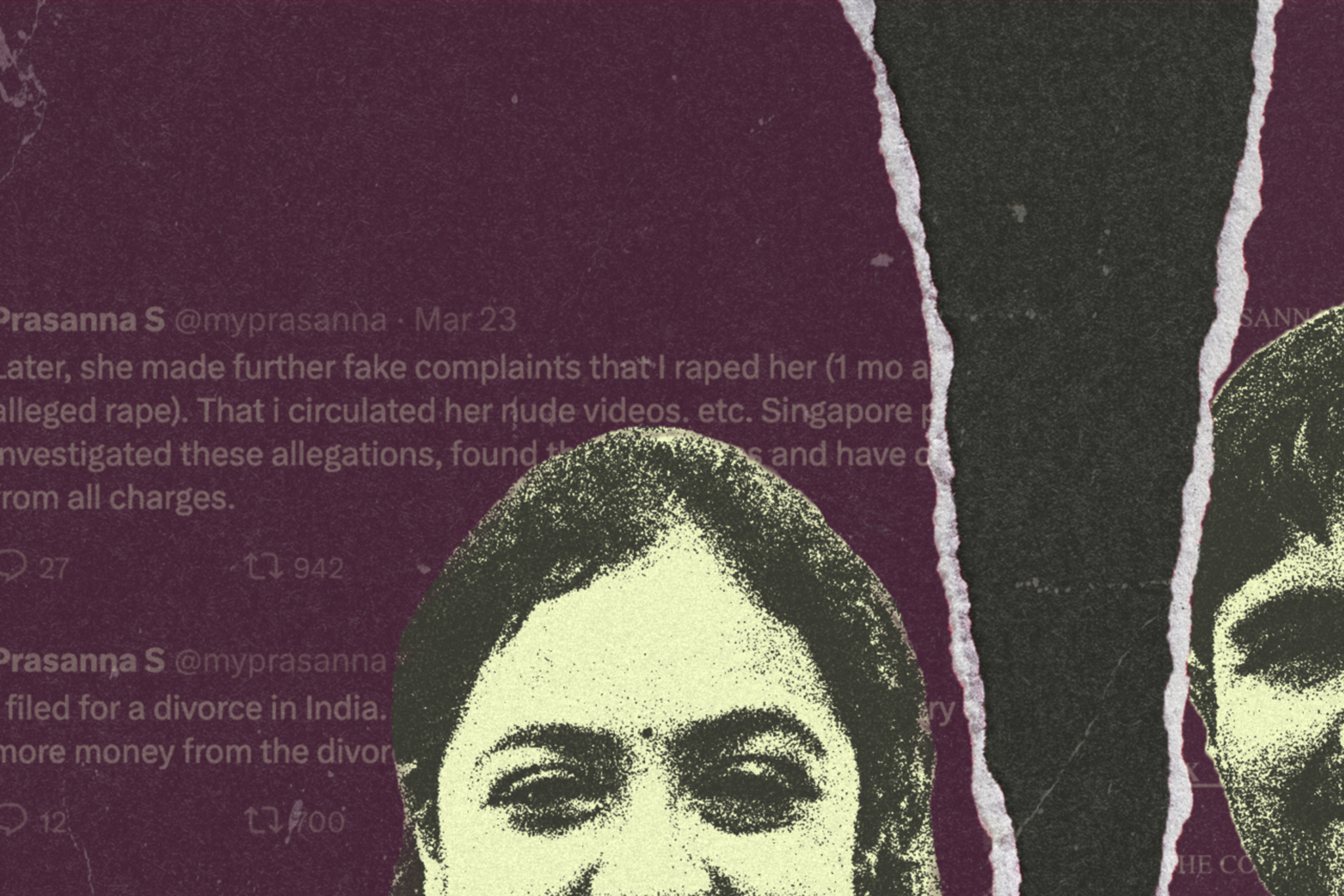 The image shows a torn photo of a smiling woman and man against a backdrop of legal documents and social media text, suggesting a story of conflict.