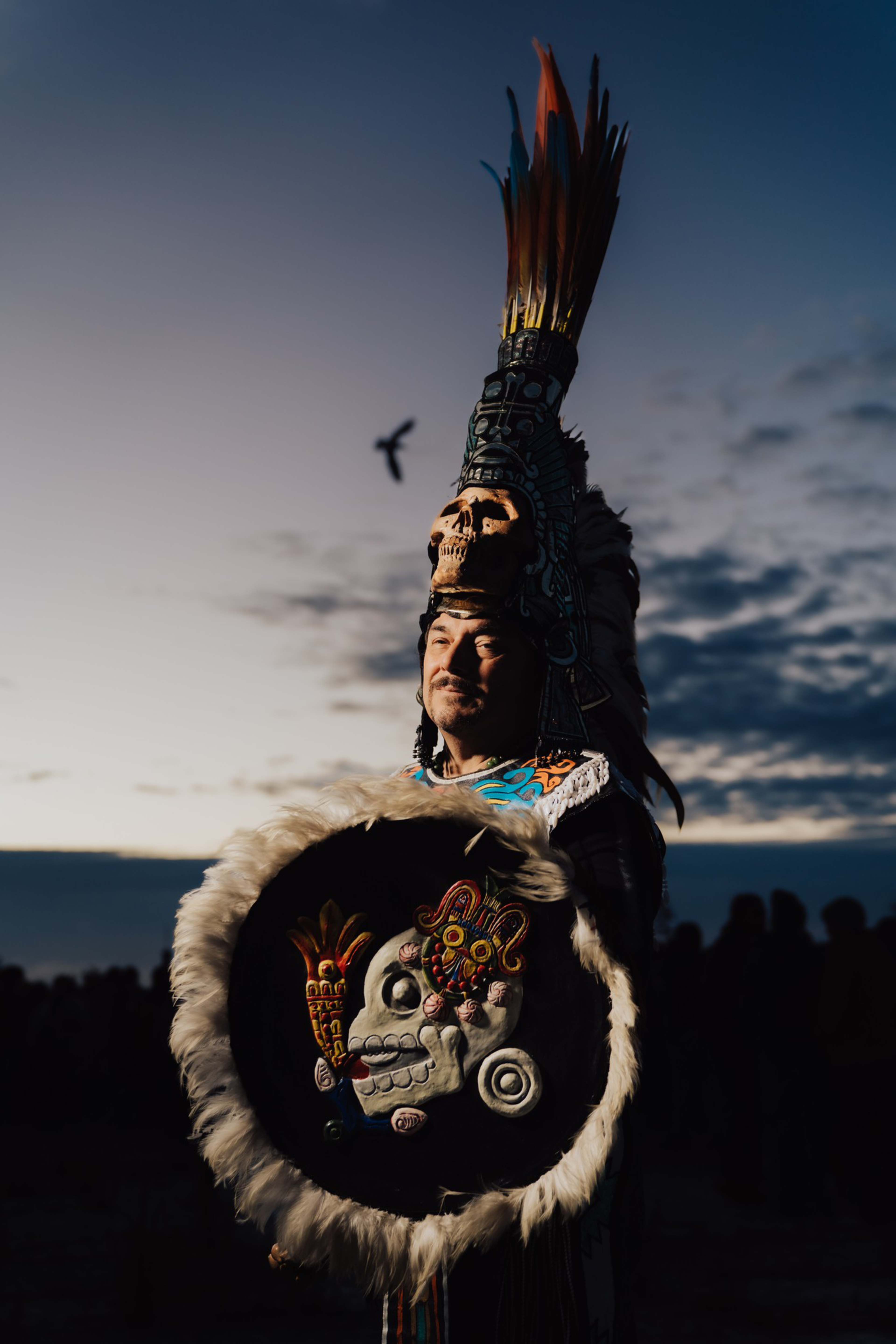 A person wears an elaborate headdress with feathers and a skull, holding a round shield decorated with colorful skull motifs against a dusky sky.