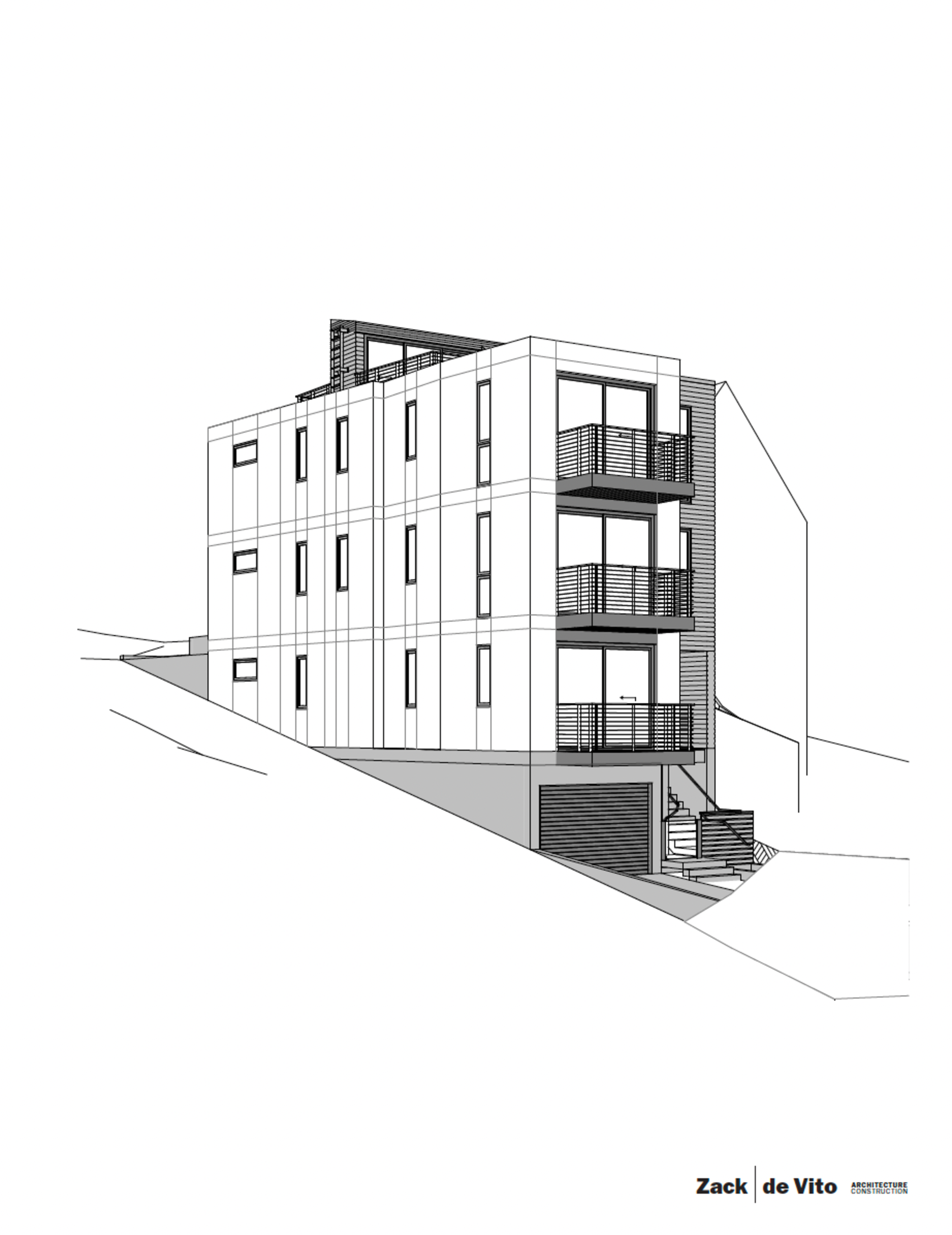 A three-story modern building with balconies on the front, a garage on the lower level, and a sloped terrain surrounding it.